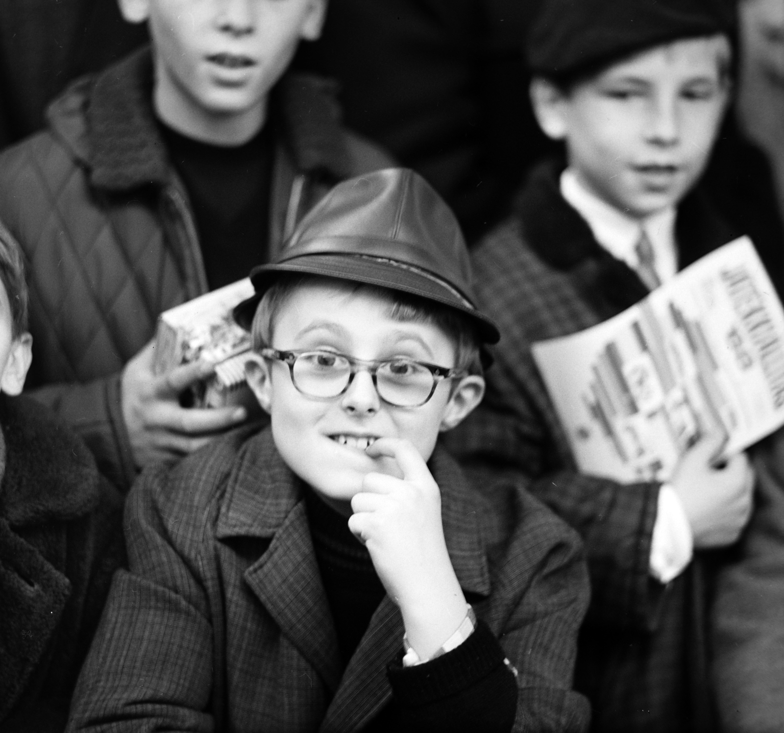 Hungary, Budapest XIV., a BNV Könnyűipari Pavilonja. Játékkiállítás., 1968, Szalay Zoltán, Budapest, hat, photo aspect ratio: square, grimace, teenager, glasses, Fortepan #198299