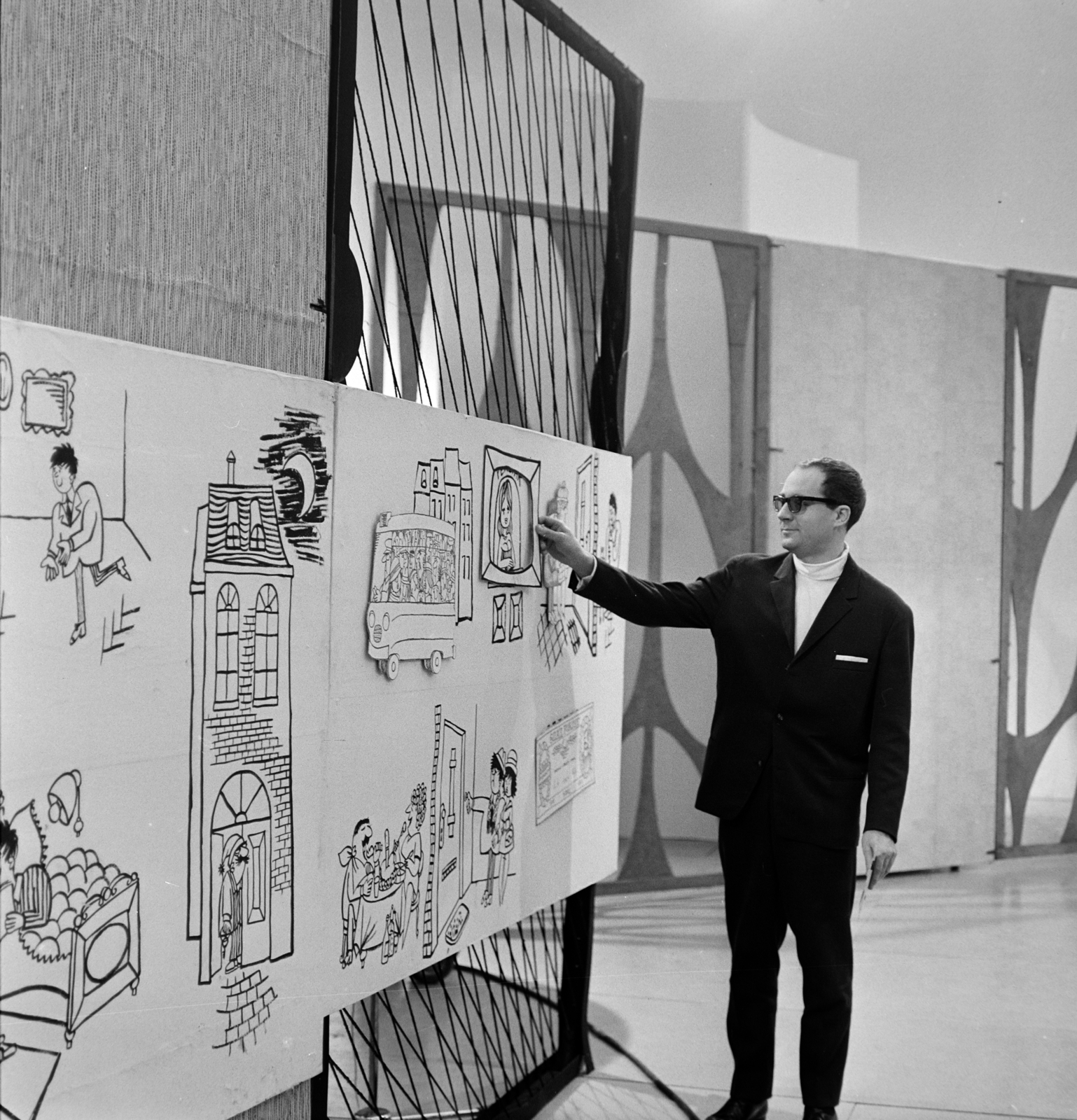 Hungary, Budapest V., az MTV stúdiója, a Családi félkör című szórakoztató műsor, Balázs-Piri Balázs karikaturista., 1969, Szalay Zoltán, Budapest, Fortepan #198565