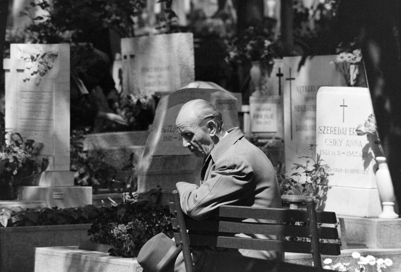 Hungary, Budapest XII., Farkasréti temető., 1969, Antal Gábor, Budapest, bench, old person, cemetery, tombstone, sadness, Fortepan #199398