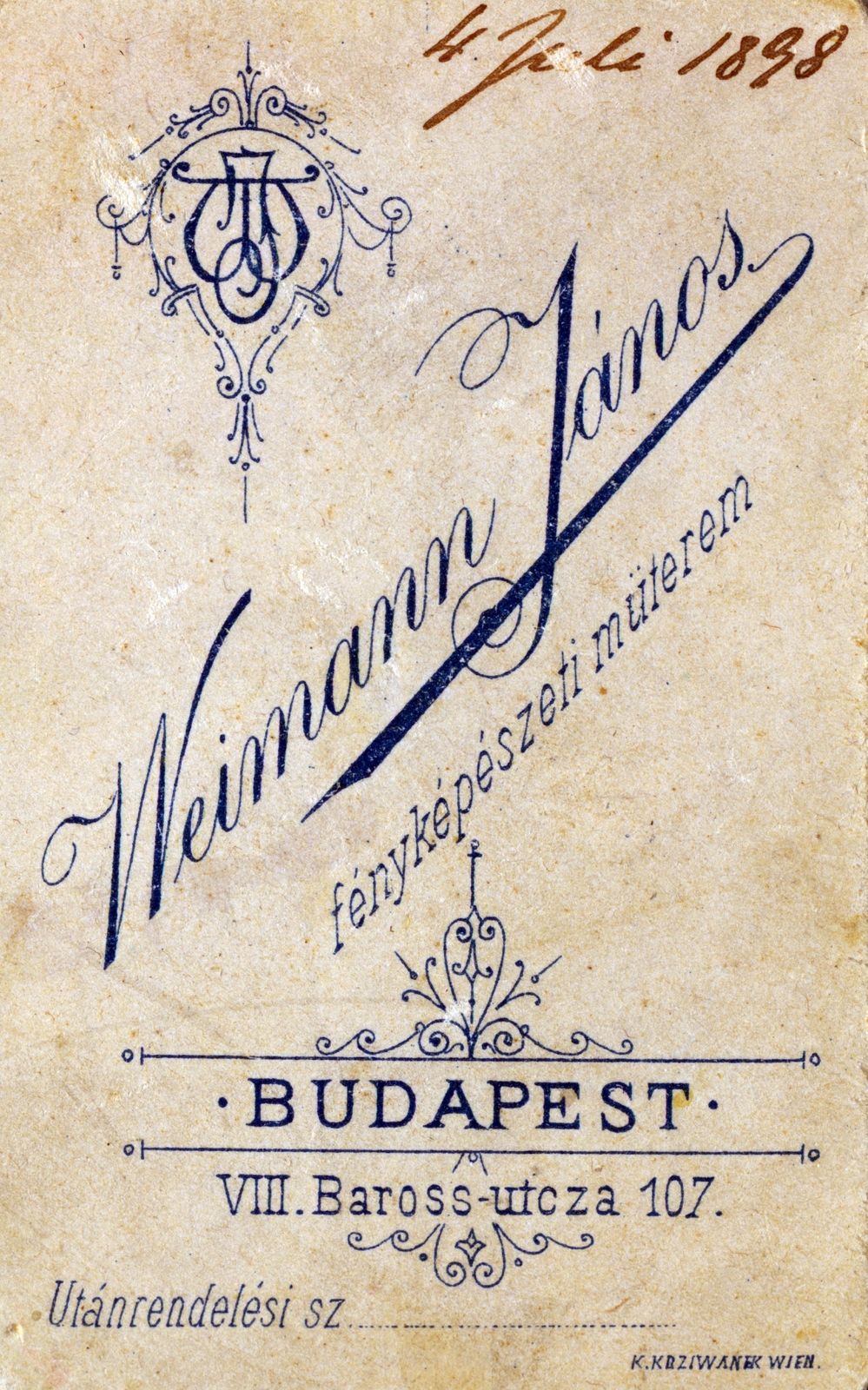 Magyarország, Budapest VIII., Baross utca 107., Weimann János fényképészet műterme., 1900, Antal Gábor, hátlap, fényképész, műterem, Budapest, Fortepan #199435