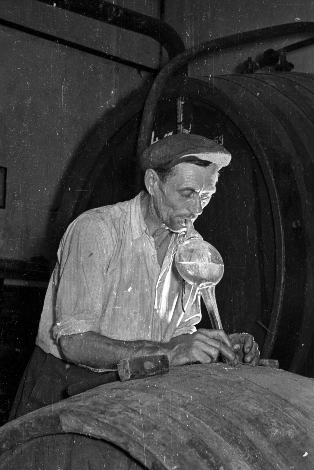 1955, Bauer Sándor, barrel, distillery, wine thief, Fortepan #199569