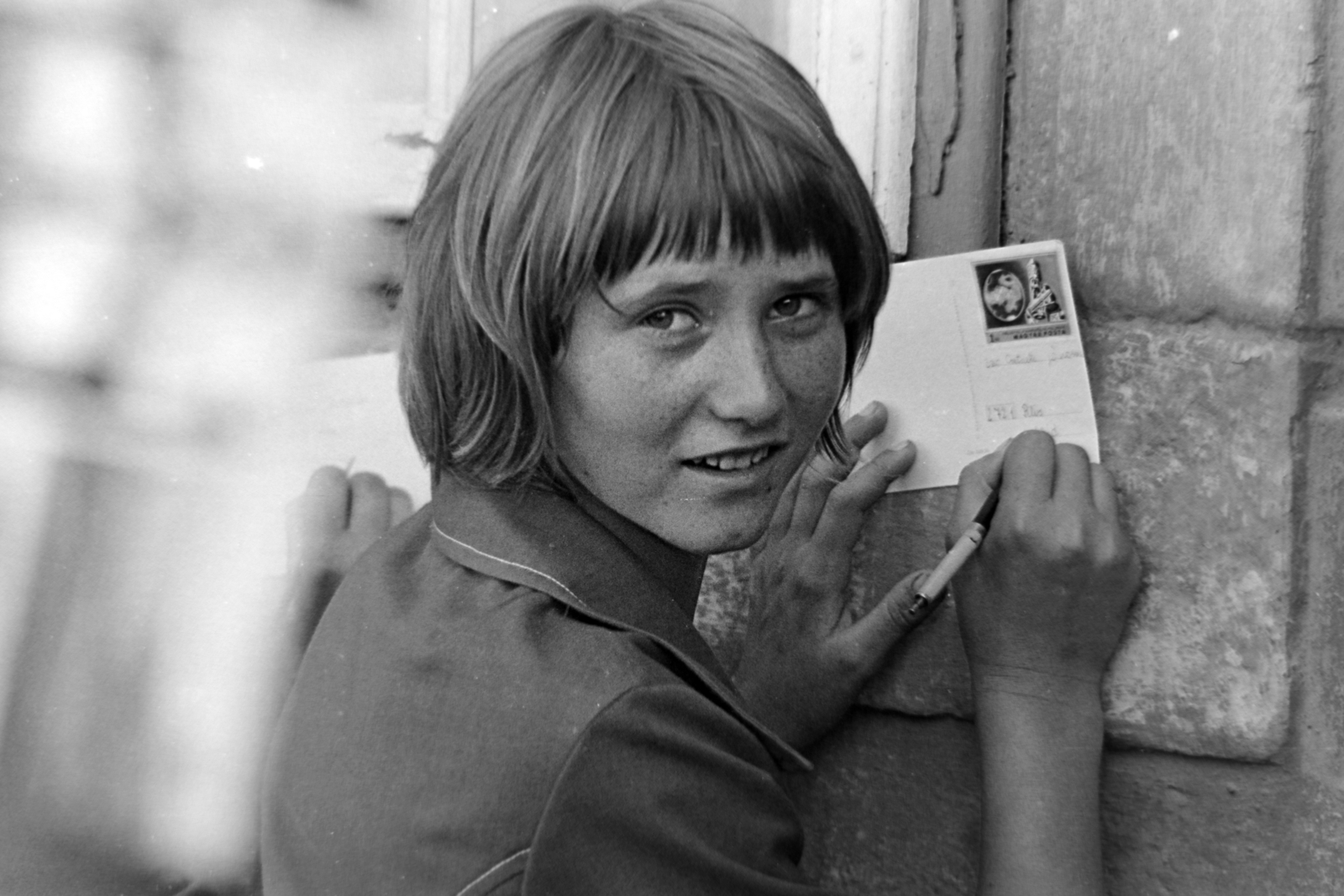 Hungary, 1974, Borbély Mihály, stamp, ballpoint pen, looking back, girl, writing, postcard, Fortepan #199782