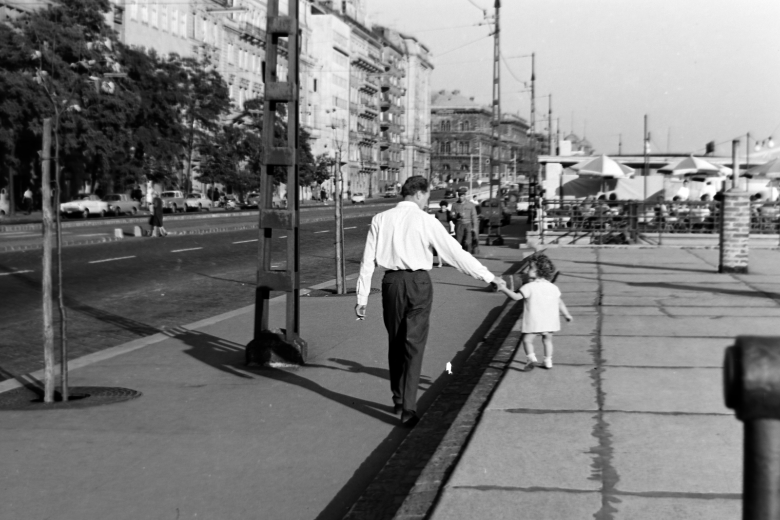 Hungary, Budapest V.,Budapest IX., a Belgrád rakpart a MAHART nemzetközi hajóállomásánál, háttérben a Fővám (Dimitrov) tér., 1973, Borbély Mihály, Budapest, hold hands, girl, back, sapling, Fortepan #199787