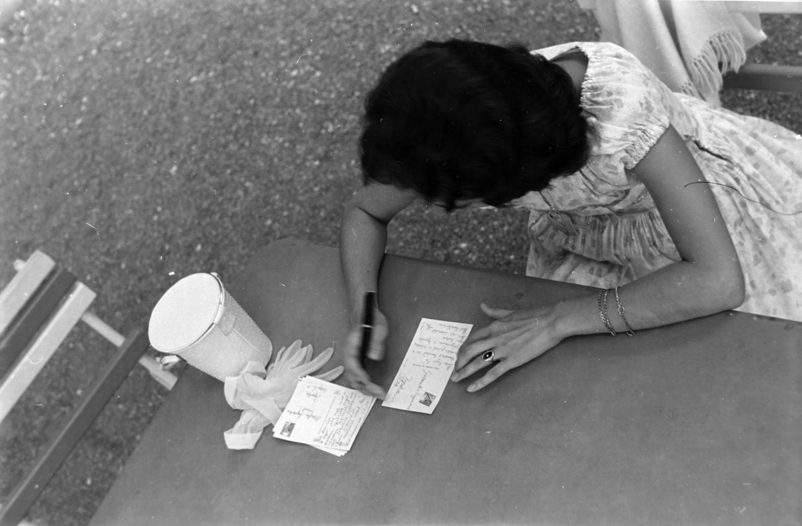 1969, Borbély Mihály, writing, postcard, jewelry, gloves, Fortepan #199838