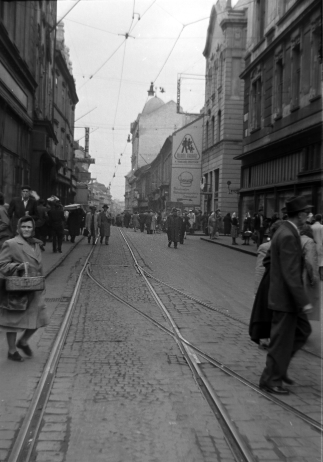 Magyarország, Pécs, Király (Kossuth Lajos) utca a Széchenyi tér felől nézve., 1957, Dénes János, reklám, utcakép, sínpálya, Csemege vállalat, Fortepan #200106