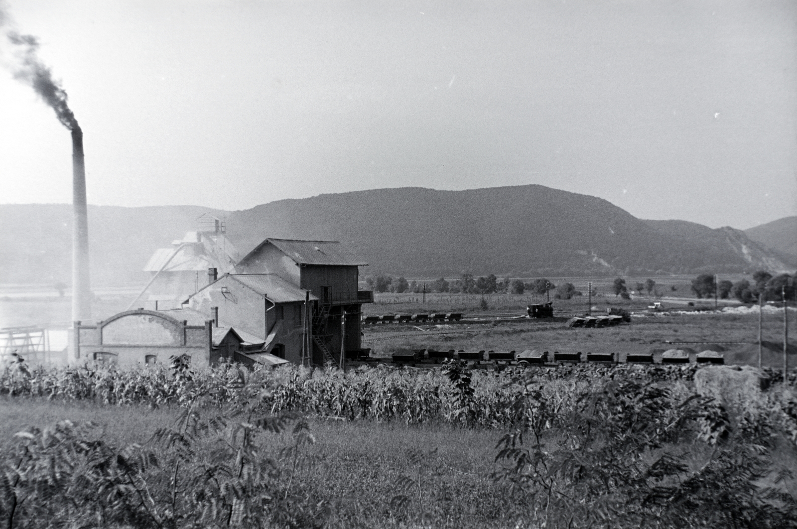 Hungary, Szob, kőzúzda a Szobi Gazdasági Vasút állomásánál, az Ipoly folyó feletti vasúti híd hídfőjénél., 1941, Eisner Ferenc, narrow-gauge railway, stone crusher, transloading facility, Fortepan #200341