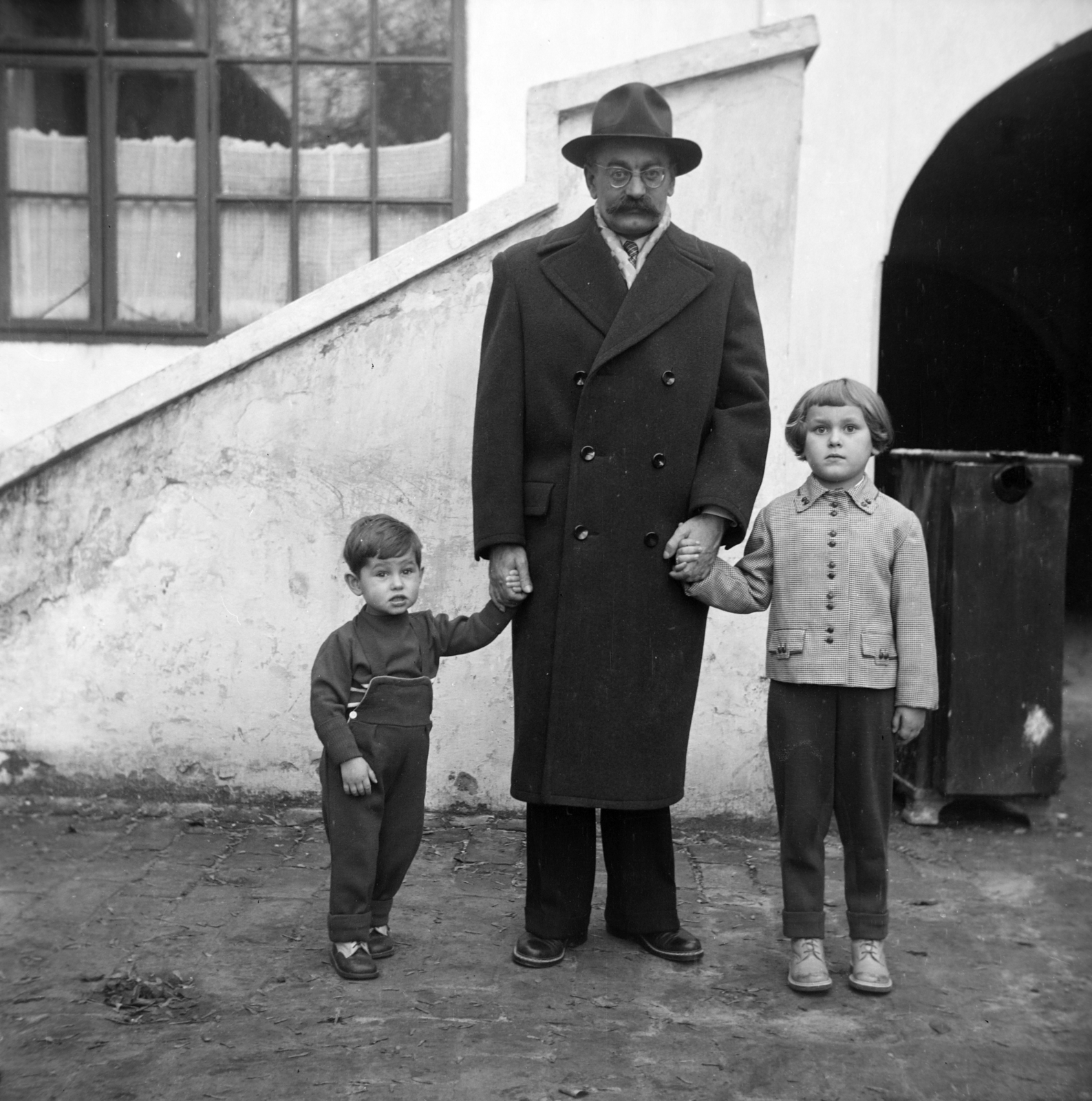 1958, Fadgyas István, hat, hold hands, photo aspect ratio: square, brothers, glasses, moustache, Fortepan #200514