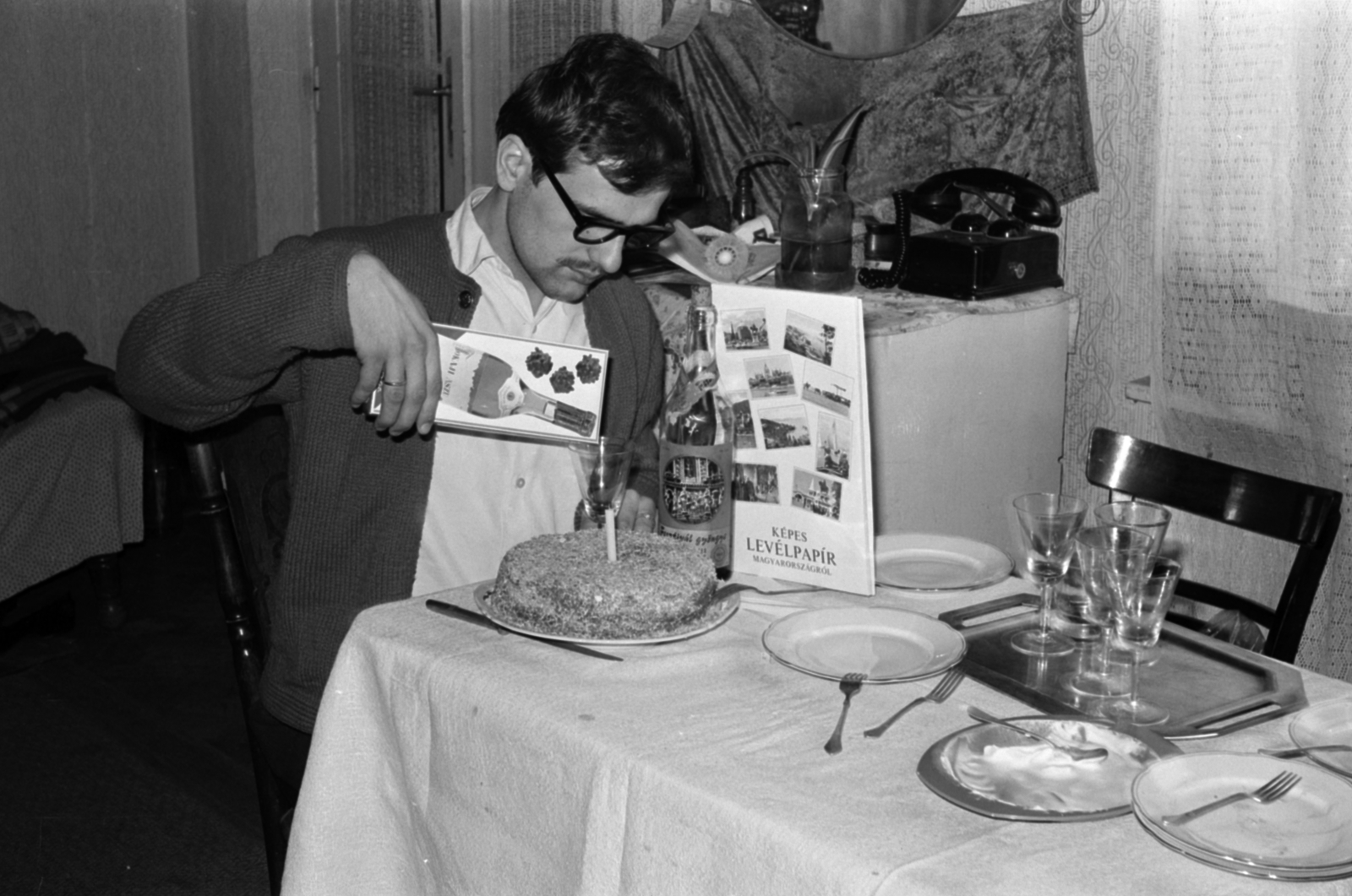 1969, Földvári Mihály, humor, tányér, pohár, torta, gyertya, Fortepan #200629
