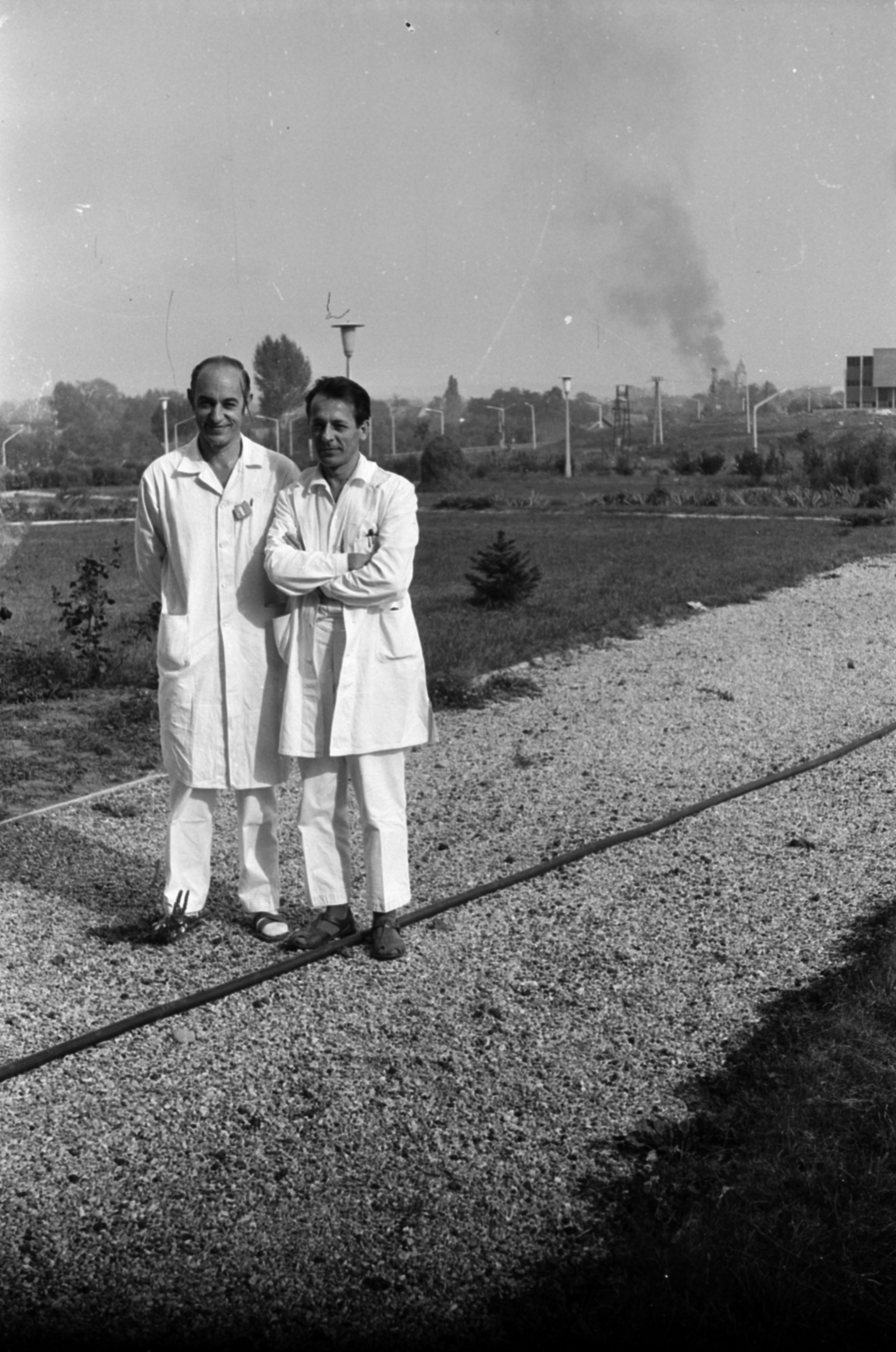 Magyarország, Kazincbarcika, Május 1. út 56., a felvétel a Városi Kórház (később a Debreceni Egyetem Kazincbarcikai Kórháza) kertjében készült., 1970, Földvári Mihály, munkaköpeny, orvos, Fortepan #200634