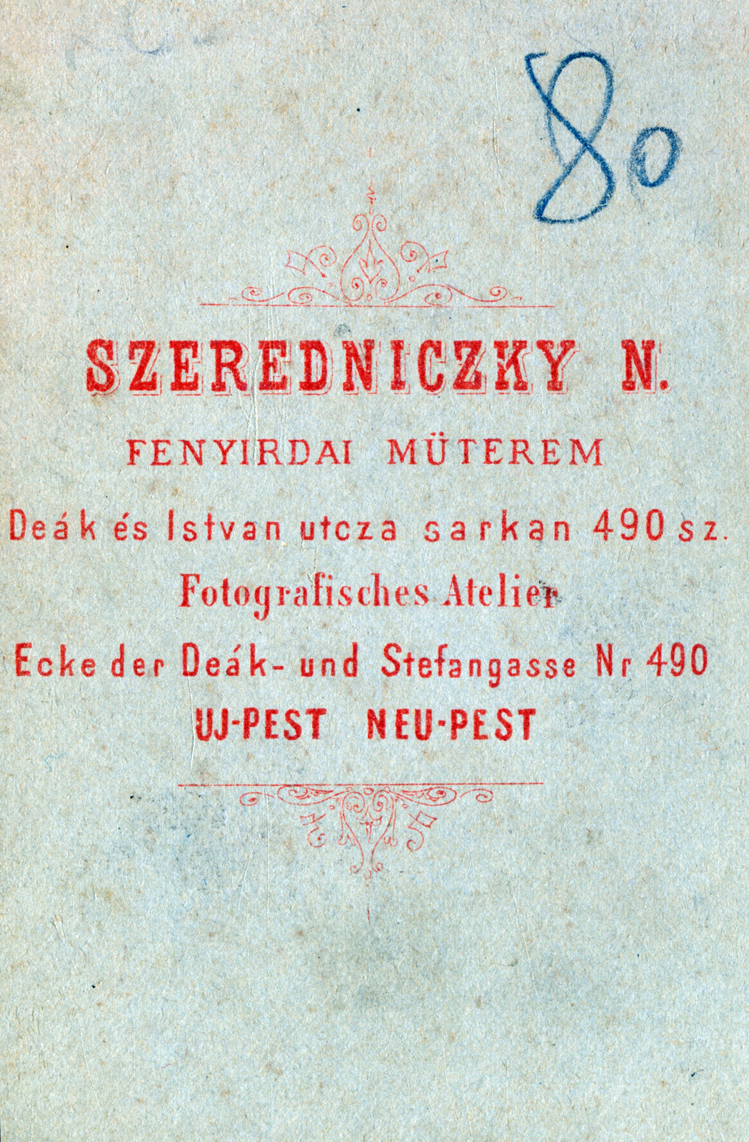 Hungary, Budapest IV., István út - Deák Ferenc utca sarok, Szeredniczky Nándor fényirdai műterme., 1900, Fortepan, verso, photographer, studio, Budapest, Fortepan #200888