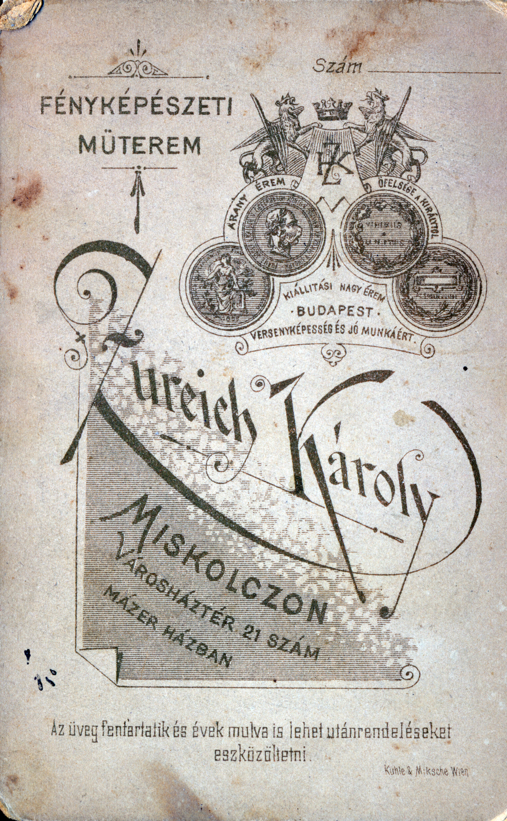 Magyarország, Miskolc, Városház tér 21., Zureich Károly fényképészeti műterme., 1900, Fortepan, hátlap, fényképész, műterem, Fortepan #200894