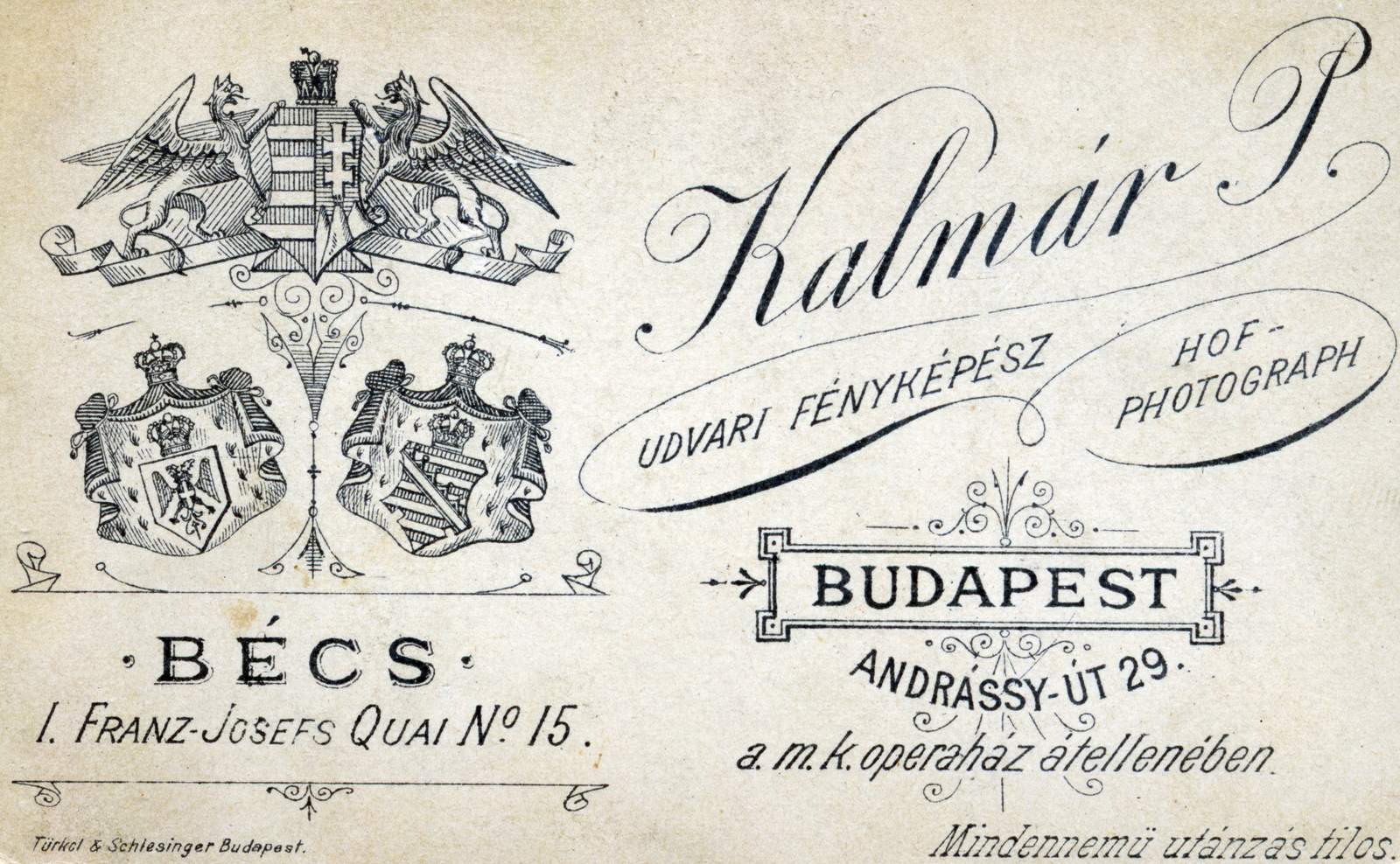 Magyarország,Ausztria, Budapest VI.,Bécs, Andrássy út 29. / Franz-Josefs Kai 15., Kalmár Péter fényképész., 1900, Fortepan, hátlap, fényképész, műterem, Budapest, Fortepan #200896