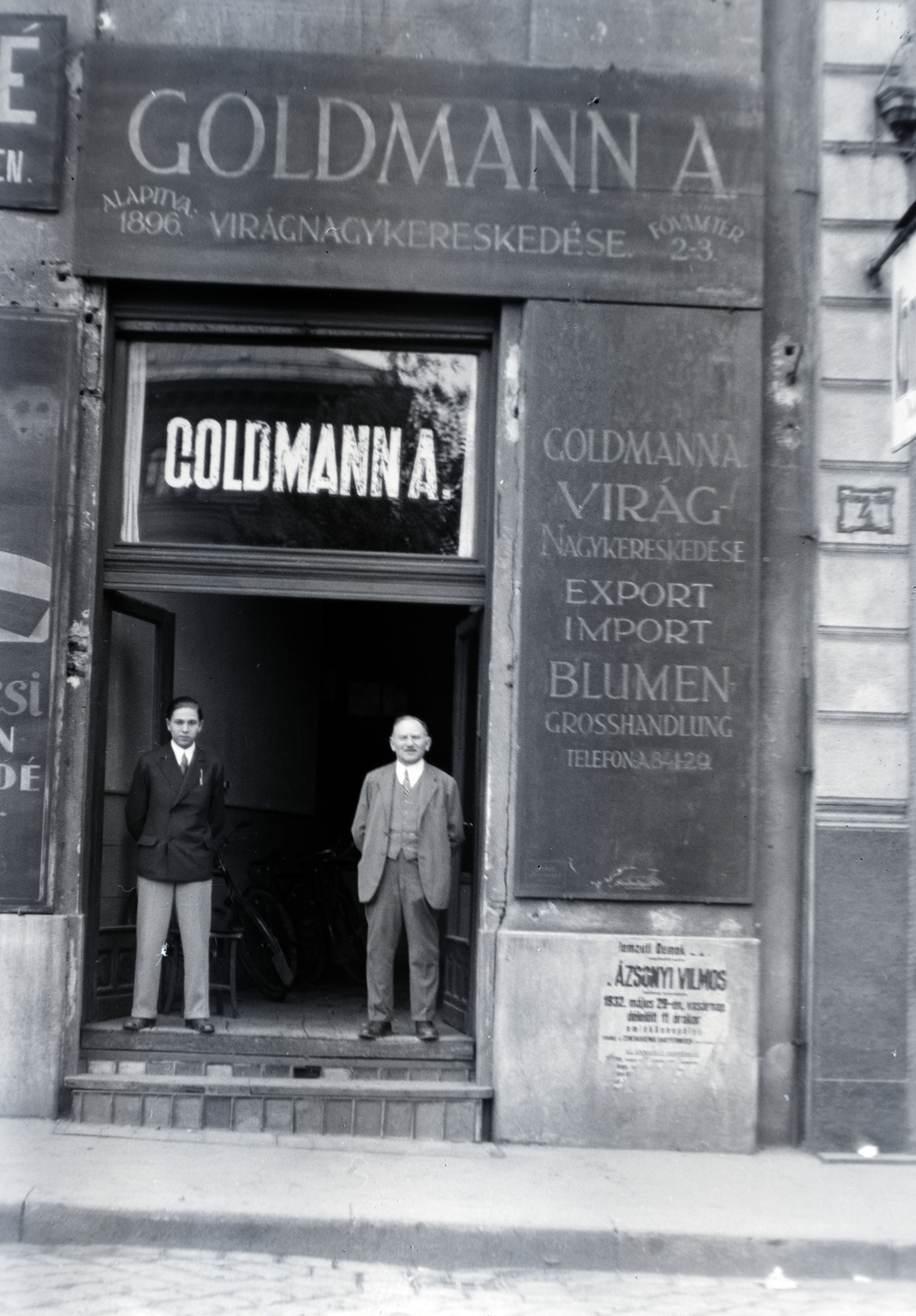 Hungary, Budapest V., Fővám tér 2-3., virág nagykereskedés., 1932, Gara Andor, poster, store display, Budapest, florist, Fortepan #201006