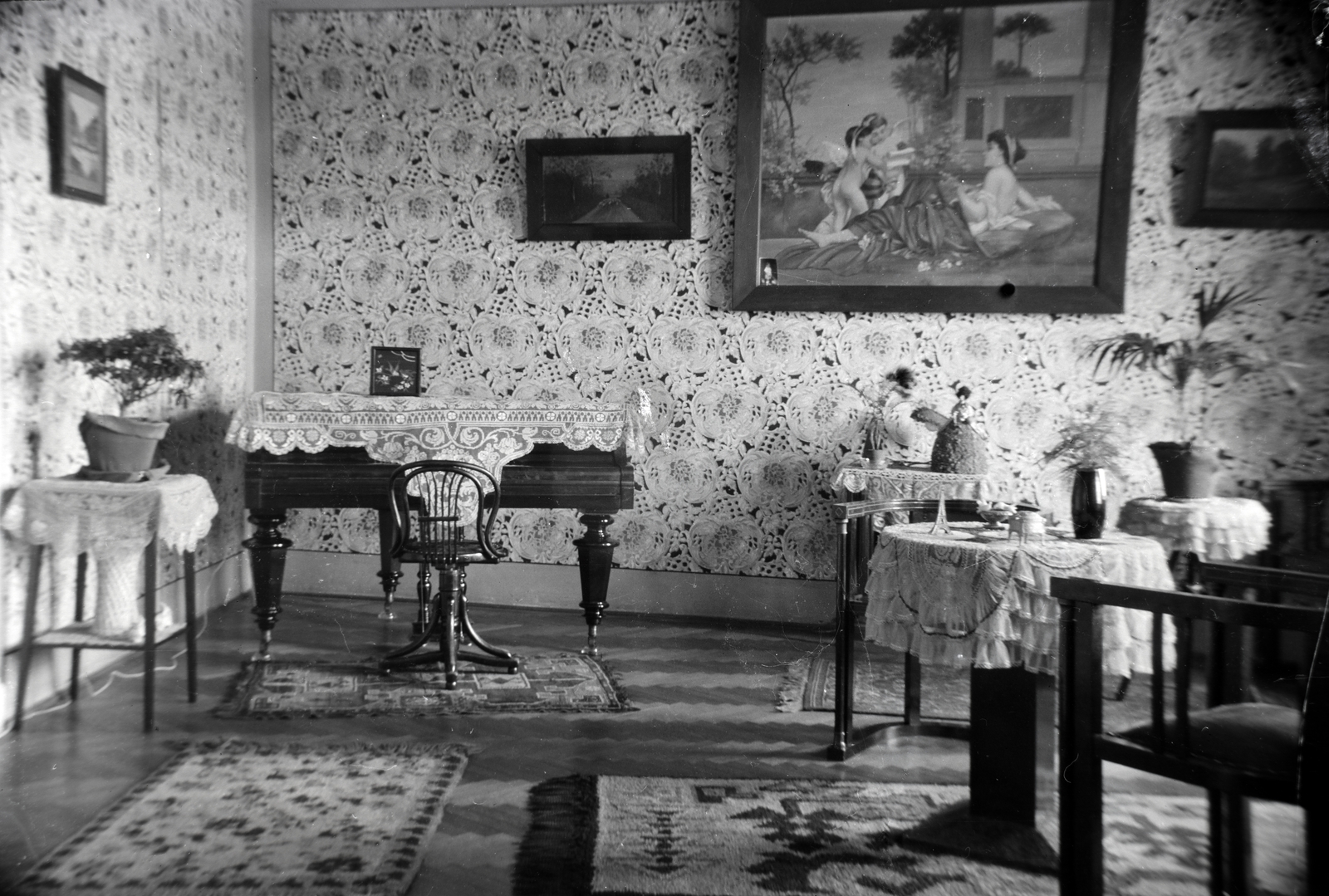 1935, Gara Andor, interior, piano, wallpaper, Fortepan #201163
