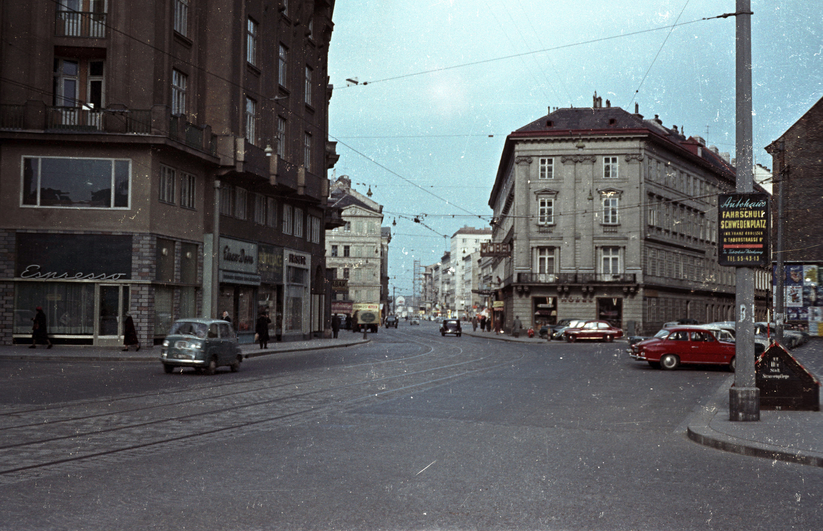 Austria, Vienna, Praterstrasse, a Grosse Mohrengasse felől, akép jobb alsó sarkában a Ferdinandstrasse torkolata., 1962, Jakab Antal, colorful, Fortepan #201696