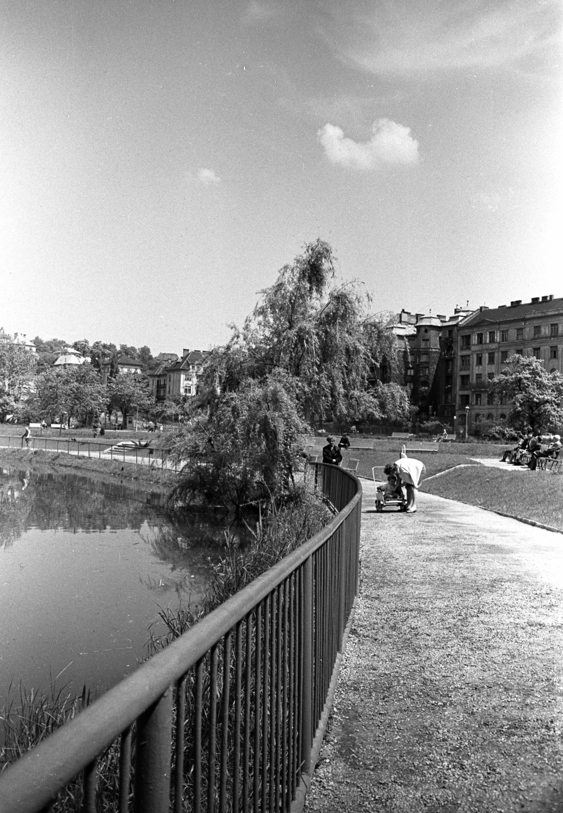 Hungary, Budapest XI., park a Feneketlen-tónál, jobbra a Fadrusz utca épületei., 1963, Jakab Antal, Budapest, Fortepan #201903