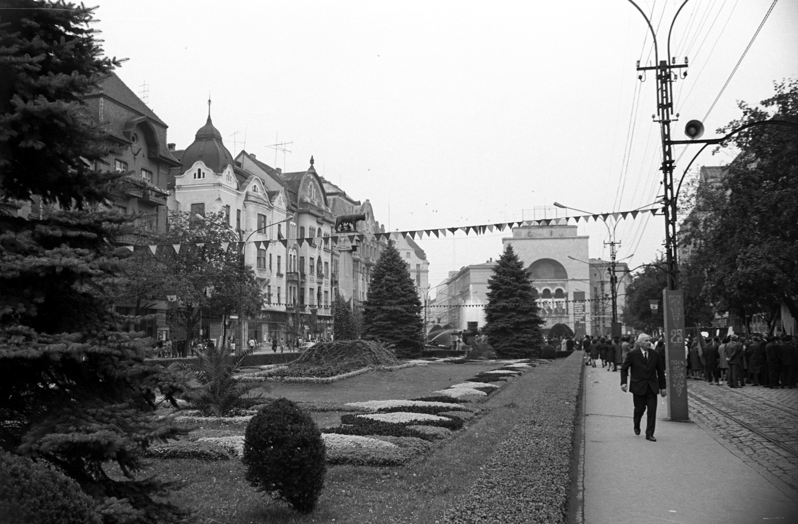 Románia,Erdély, Temesvár, Piata Victoriei, a fáktól takarva a Hal-kút (Fântâna cu Pești), mögötte a Művelődési Palota., 1972, Jakab Antal, Fortepan #202113