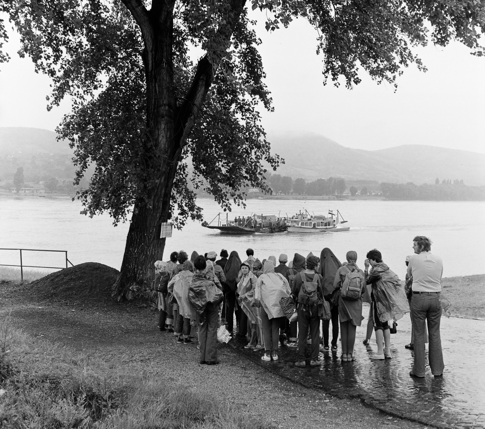 Hungary,Danube Bend, Visegrád, Duna-part, kompkikötő, szemben Nagymaros., 1975, Faragó László, rain, raincoat, ferry, Fortepan #202431