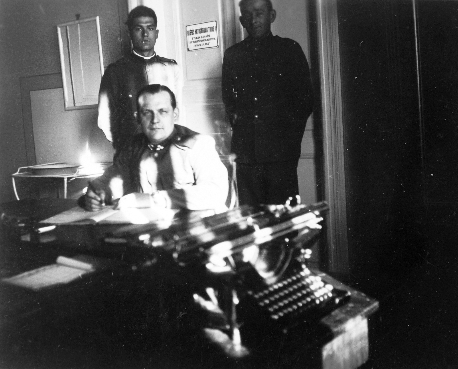 1937, Fortepan, office, typewriter, enamel sign, standing in door, Fortepan #20244