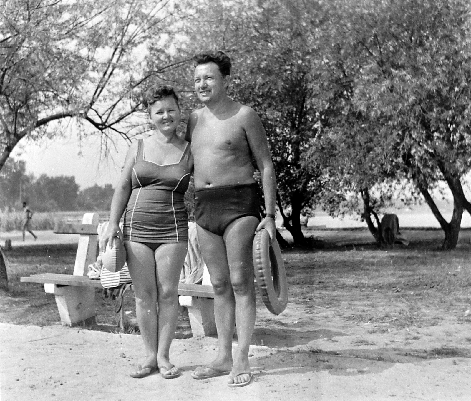Hungary, 1956, Fortepan, beach, free time, bathing suit, smile, swim belt, summer, man, woman, bench, shore, double portrait, Fortepan #2031
