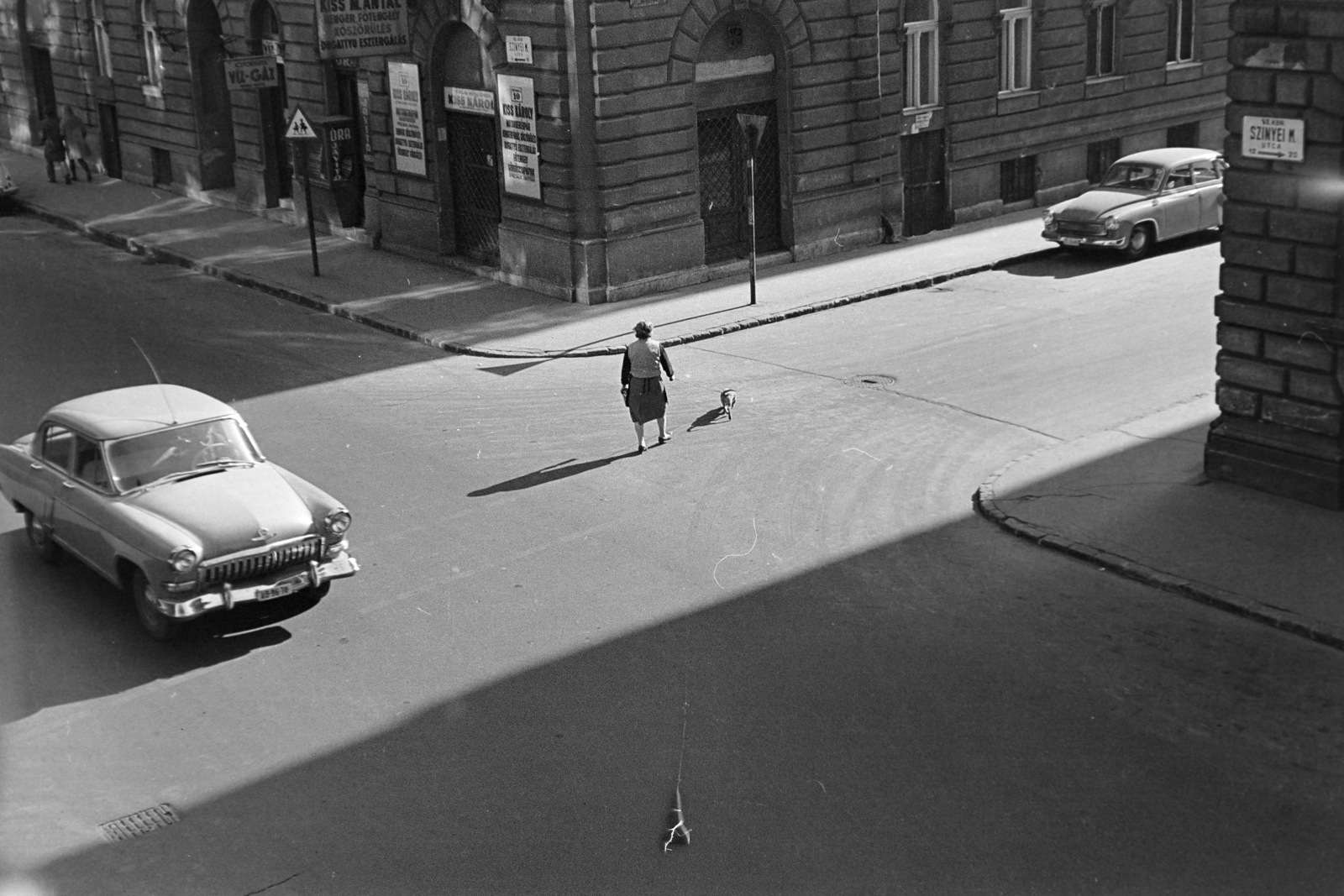 Hungary, Budapest VI., a Szinyei Merse utca - Kmety György utca kereszteződése., 1968, Kereki Sándor, Budapest, walking the dog, Fortepan #204882