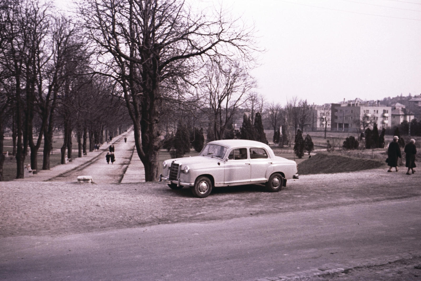 Magyarország, Budapest XII., Gesztenyés kert (volt Németvölgyi temető) a Sirály utca felől. Jobbra a Jagelló út épületei. Az előtérben Mercedes 180 típusú személygépkocsi., 1965, Beyer Norbert, színes, német gyártmány, park, életkép, Mercedes-márka, automobil, mercedes w120, Budapest, Fortepan #20518