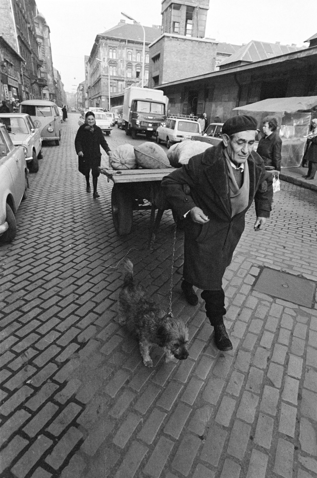 Hungary, Budapest VII., Garay tér a Murányi utca felé nézve, jobbra a piac., 1975, Kereki Sándor, dog, Budapest, market, handbarrow, ceramics, Robur-brand, Fortepan #205965