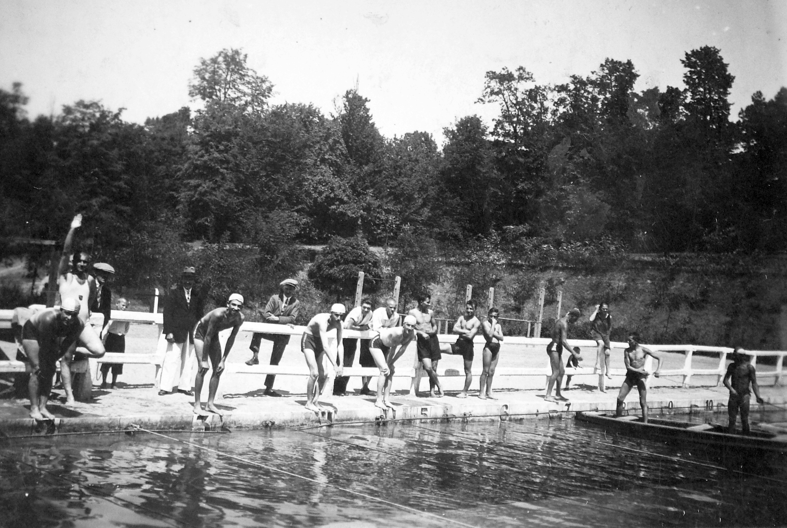 1930, Fortepan, bathing suit, swimming pool, men, boat, competition, starting block, Fortepan #20614