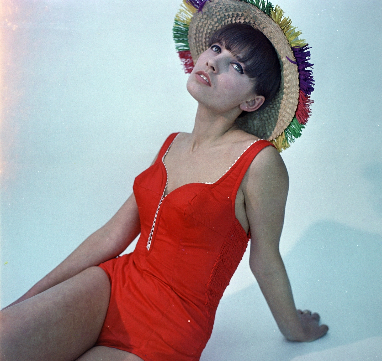 1967, FŐFOTÓ, bathing suit, scale model, fashion photography, straw hat, Fortepan #207544