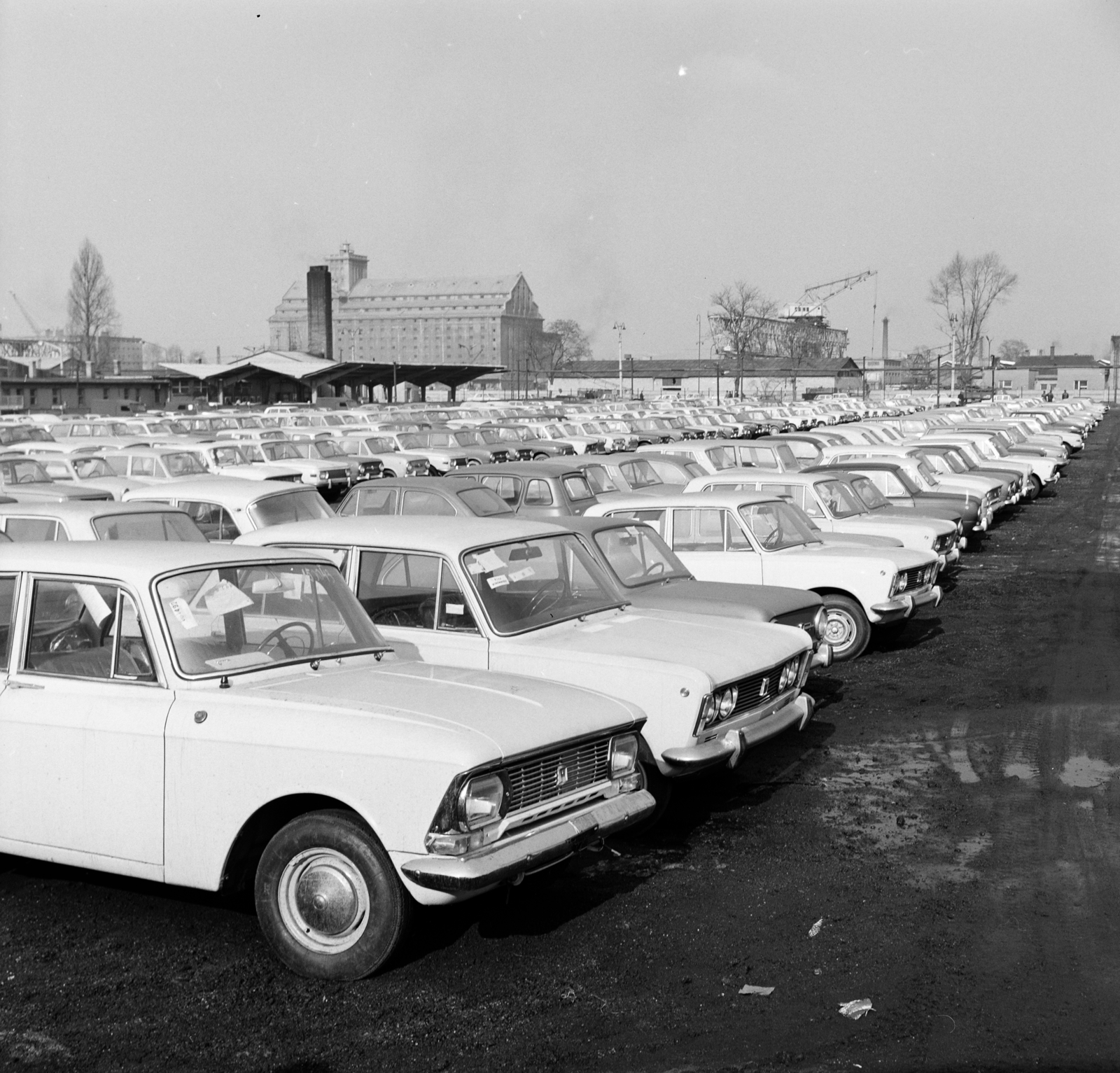 Hungary, Budapest XXI., Csepel, a Merkur Személygépkocsi Értékesítő Vállalat telepe. Háttérben a Csepeli Szabadkikötő épületei., 1970, FŐFOTÓ, Moskvitch-brand, granary, Budapest, Merkur Passenger Car Retailer Company, Fortepan #208877