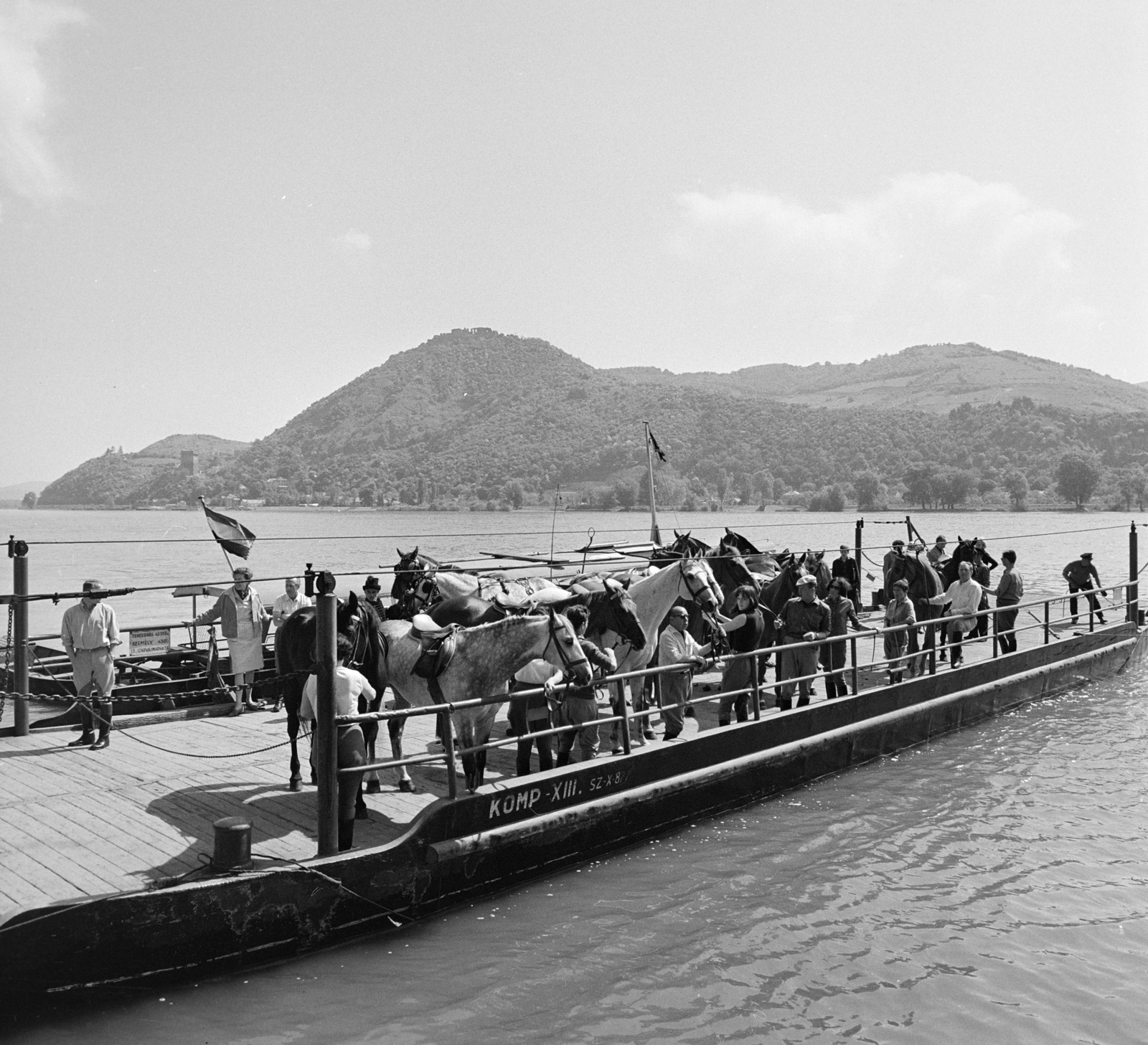 Hungary,Danube Bend, a Nagymaros és Visegrád között közlekedő komp a Dunán. Szemben a túlparton Visegrád, az Alsóvár a lakótoronnyal / Salamon-torony és fenn a Fellegvár., 1967, FŐFOTÓ, ferry, Fortepan #209071