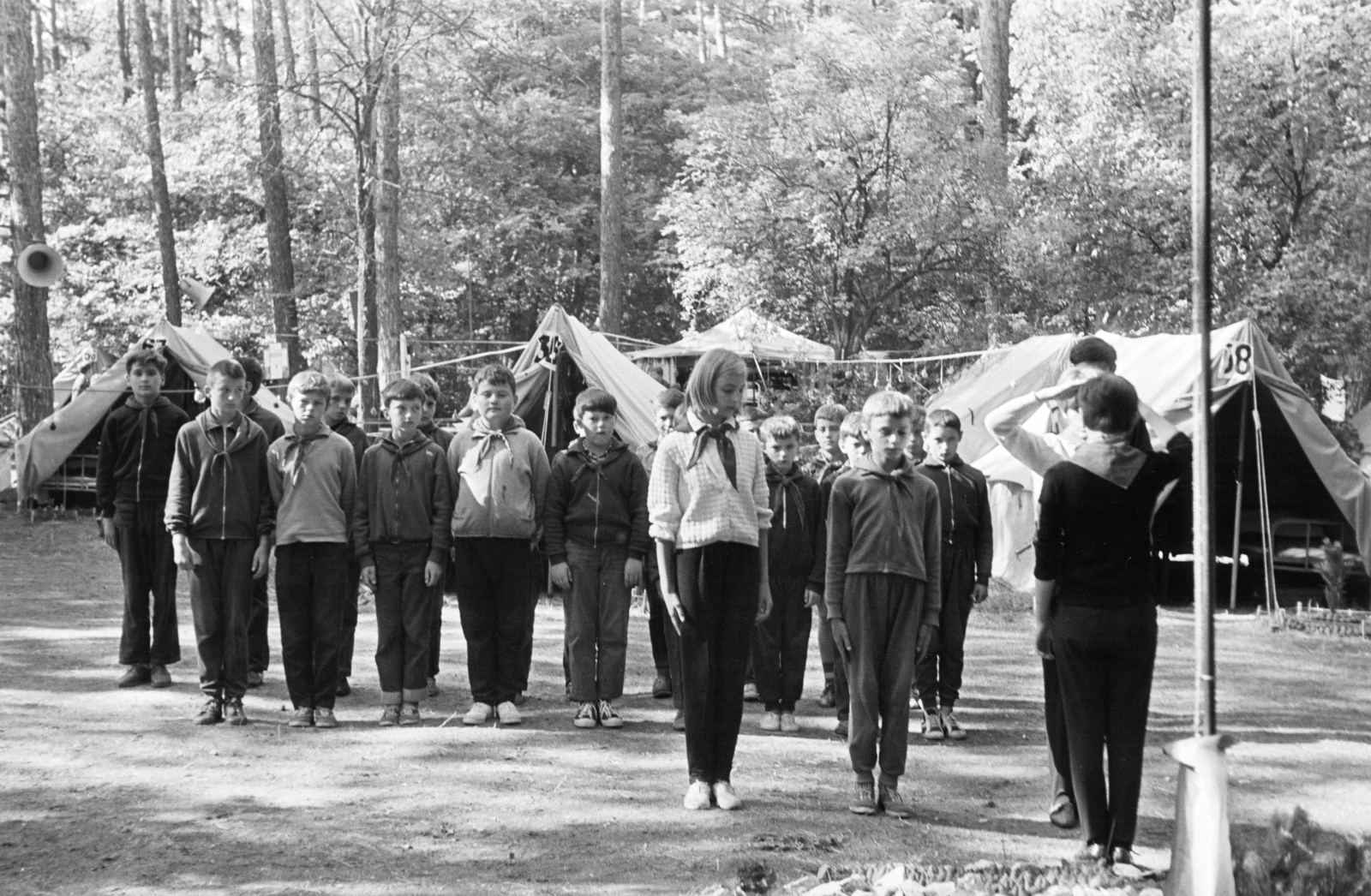 1969, Belházy Miklós, Úttörőtábor, tisztelgés, sátor, zászlófelvonás, Fortepan #209900