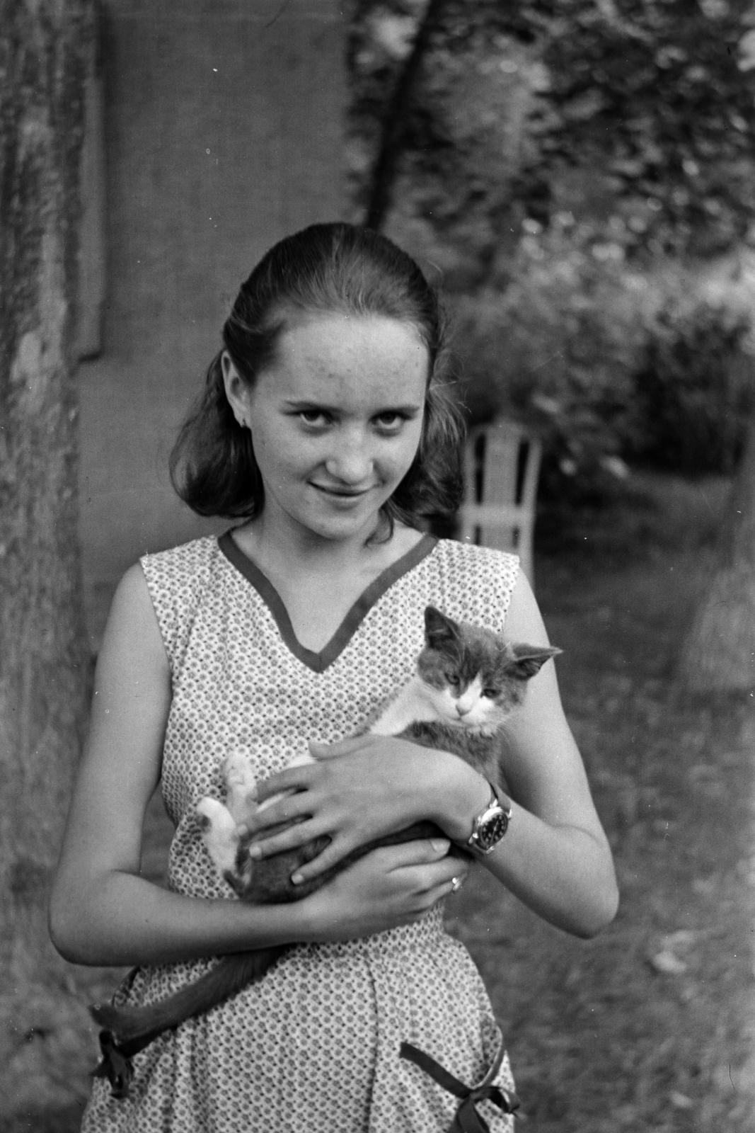 1964, Belházy Miklós, macska, karóra, lány, Fortepan #210069