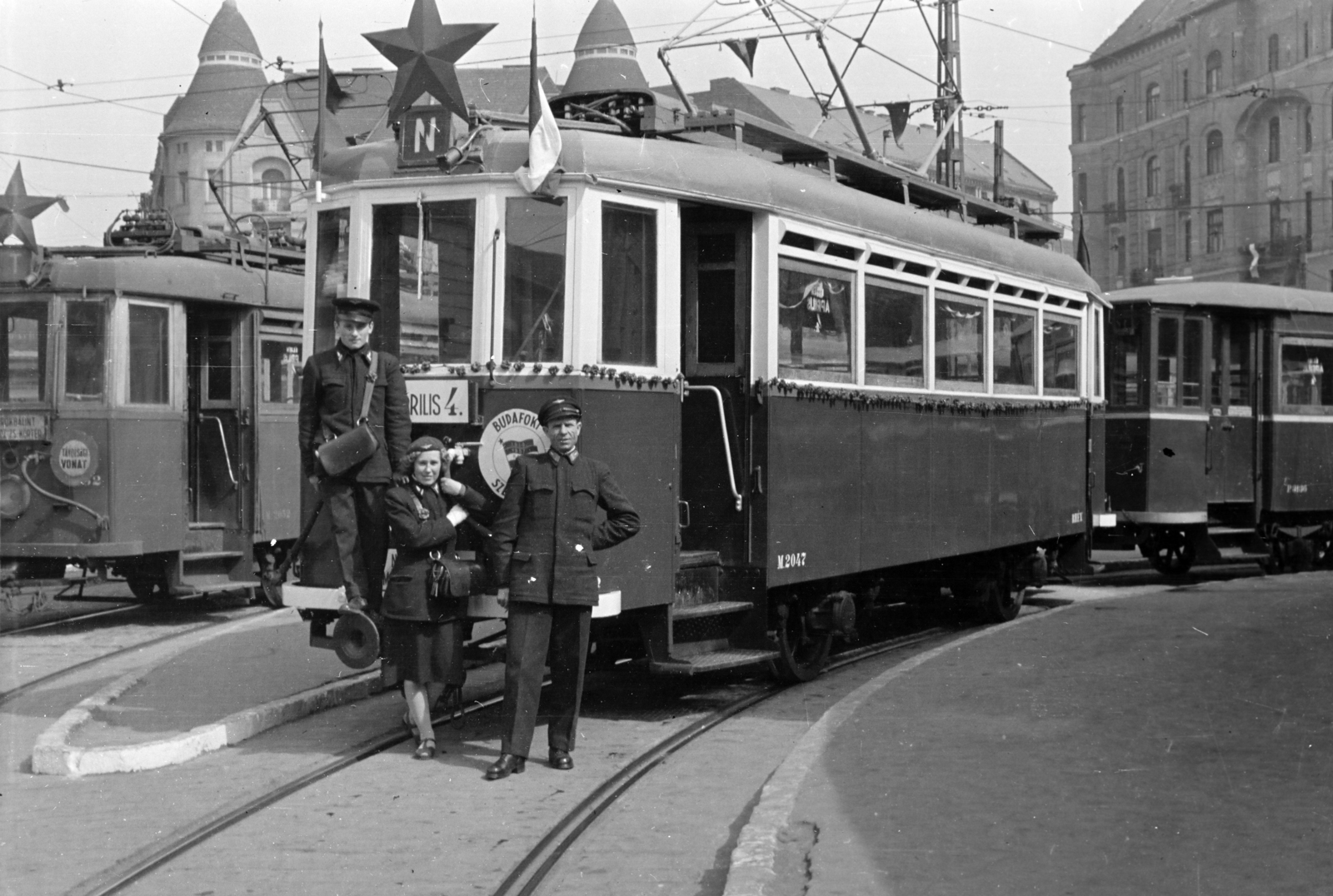 Hungary, Budapest XI., Móricz Zsigmond körtér, a BHÉV végállomása., 1958, Belházy Miklós, Budapest, Red Star, conductor, Fortepan #210077
