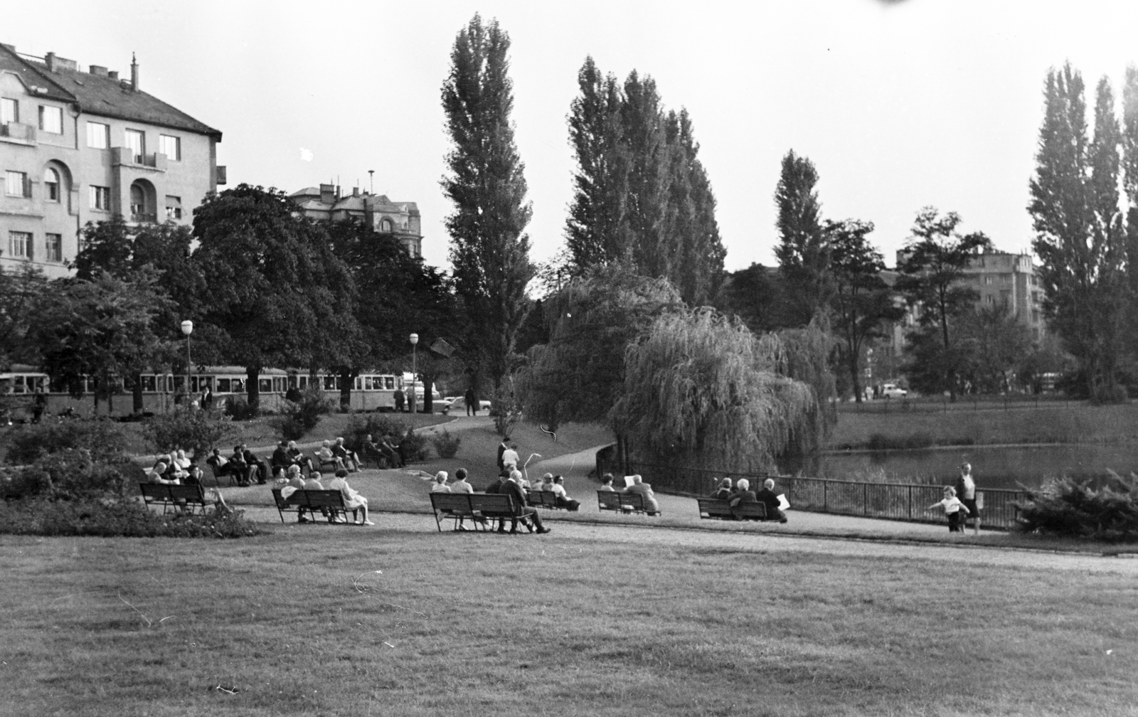 Hungary, Budapest XI., park a Feneketlen-tó mellett, háttérben a Bartók Béla út házai., 1965, Belházy Miklós, Budapest, tram, bench, Fortepan #210084