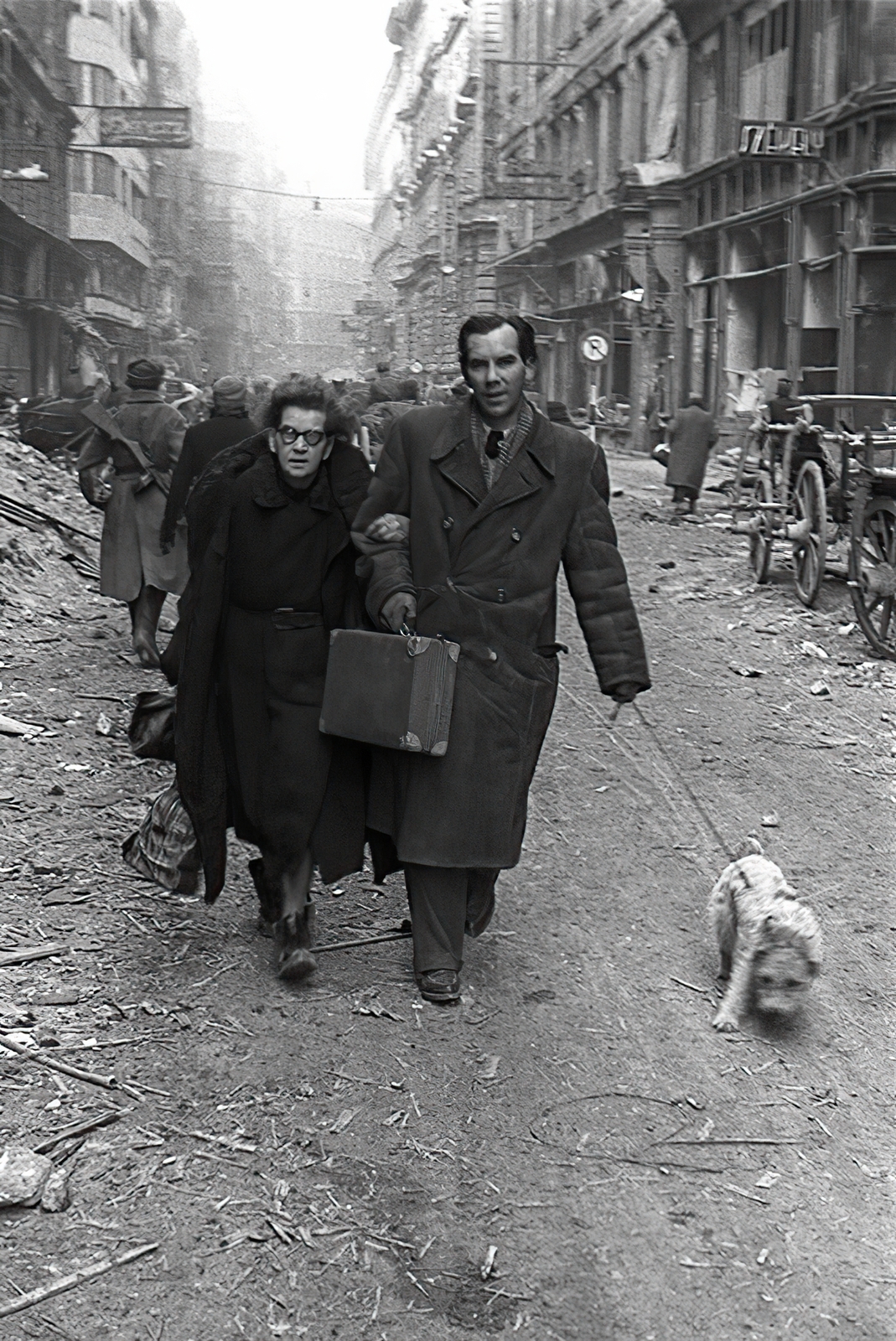 Hungary, Budapest V., Petőfi Sándor utca a Haris köz és a Párizsi (Párisi) utca közötti szakaszon, távolabb a Bécsi utca sarkán álló ház látszik., 1945, Vörös Hadsereg, Budapest, Best of, lady, gentleman, pedestrian, Soviet soldier, suitcase, dog, bag, civilian, walking the dog, Fortepan #210530