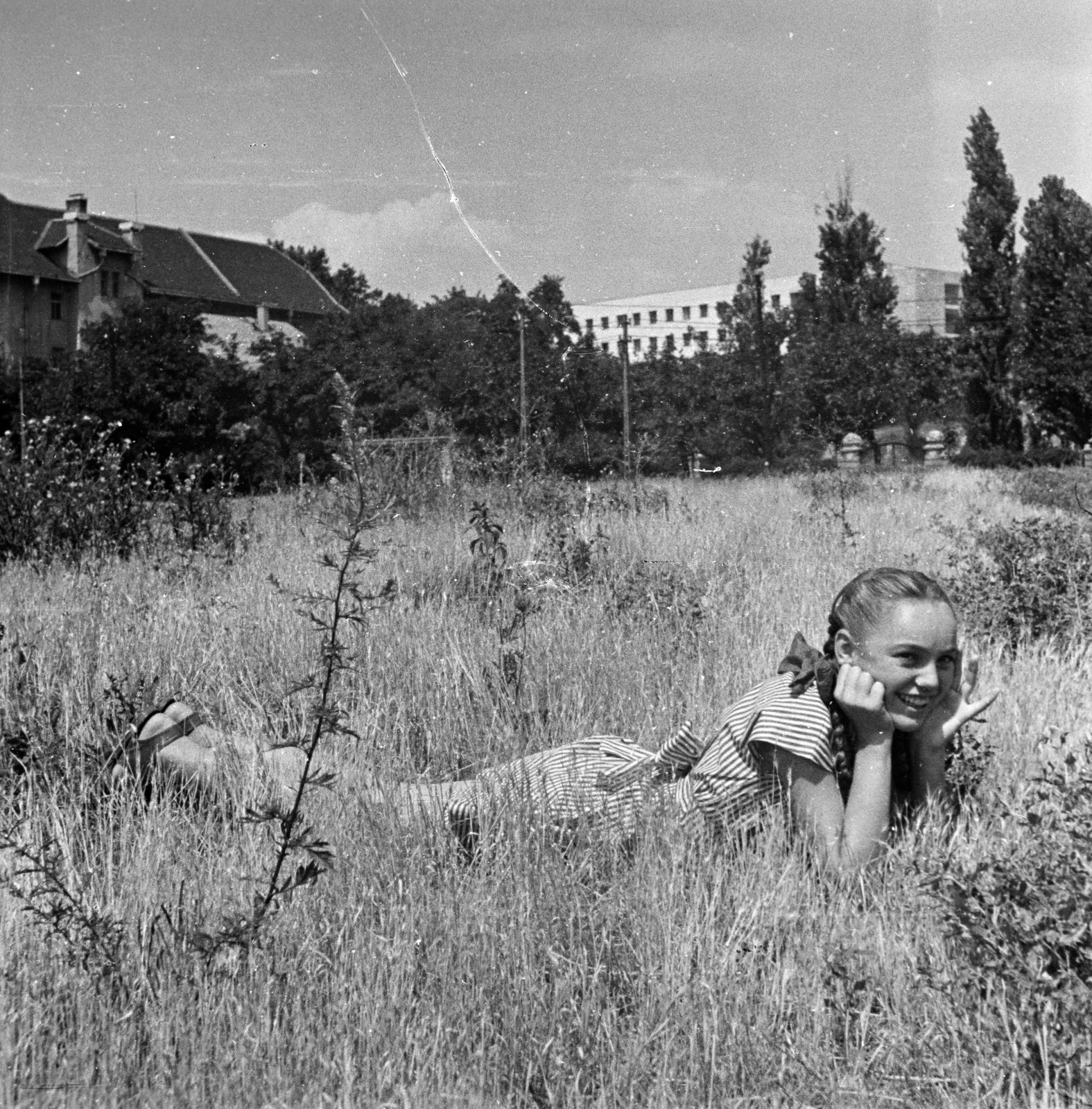 Hungary, Budapest XI., a Szent Imre Gimnázium és a Kertészeti Egyetem közötti terület a Villányi út közelében., 1951, Hontvári Judit, Budapest, smile, youth, prop up on elbows, lady, lying on stomach, tress, meadow, striped dress, Fortepan #210602
