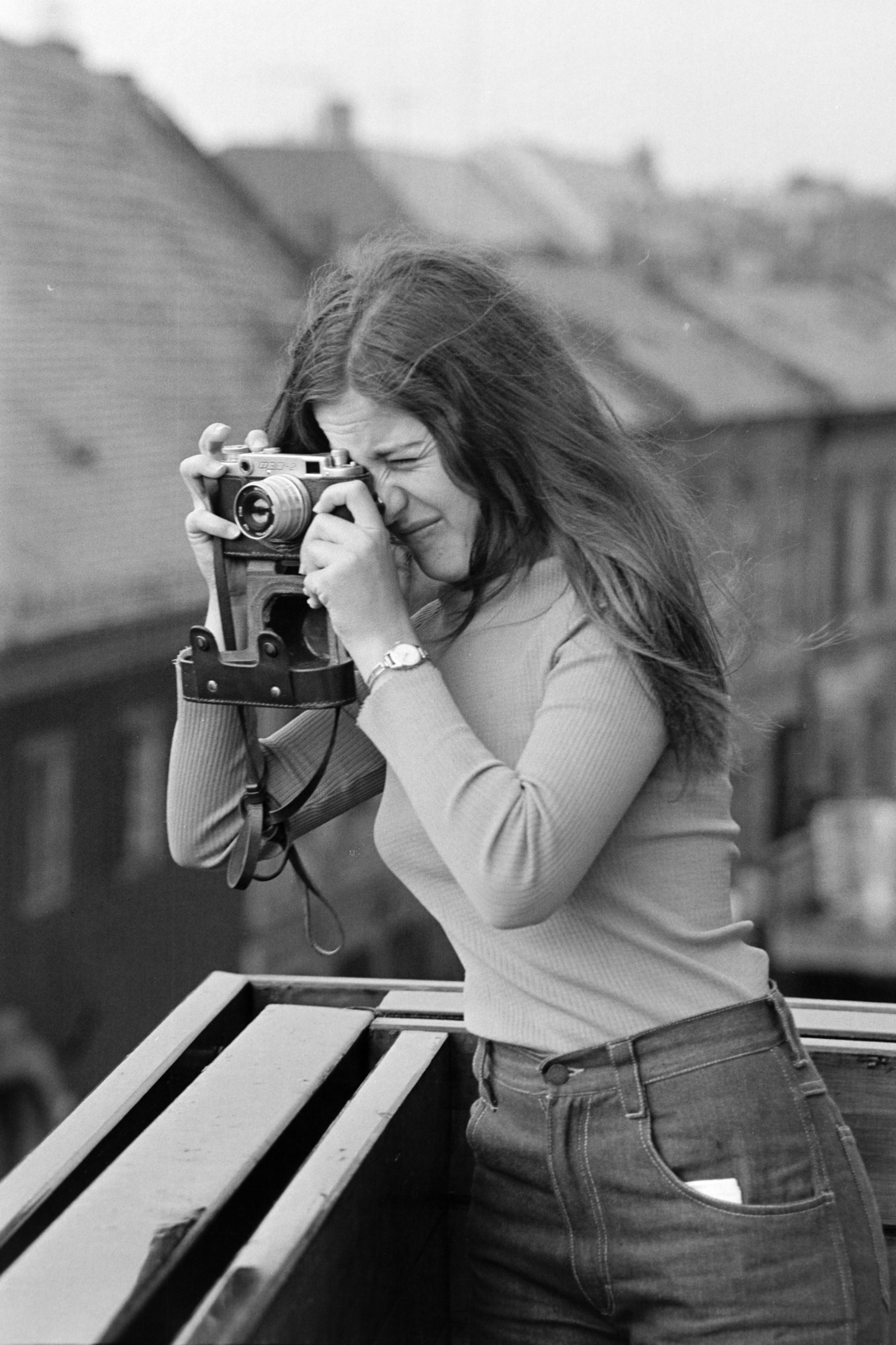 Hungary, Eger, a Dobó István téri Centrum Áruház tetejéről készül a Zalár József utca házairól a felvétel., 1977, Jakab Antal, photography, Fortepan #210700