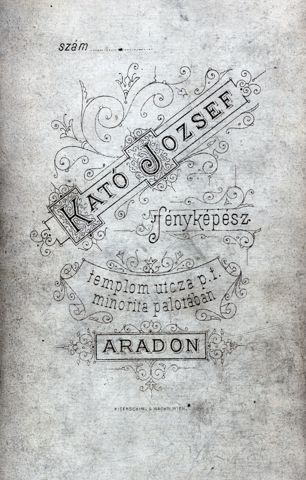 Romania, Arad, Templom utca, Kató József fényképész a minorita palotában., 1901, Kutas Anna, verso, photographer, studio, Fortepan #210933