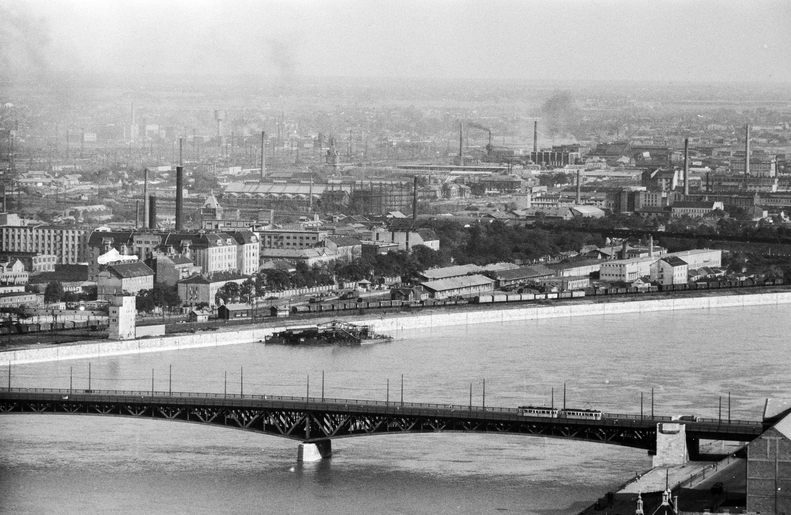 Magyarország, Budapest XI.,Budapest IX., kilátás a Gellérthegyről a Petőfi híd és a ferencvárosi Duna-part felé., 1961, ETH Zürich, Budapest, Fortepan #211195