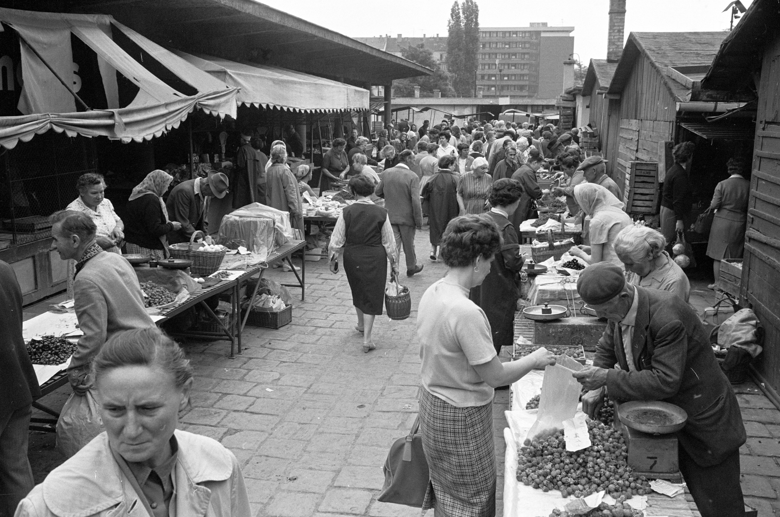 Hungary, Budapest XI., Fehérvári úti piac. Háttérben a Bercsényi utca - Október huszonharmadika (Schönherz Zoltán) utca sarkán álló ház látszik., 1966, ETH Zürich, Budapest, Fortepan #211231