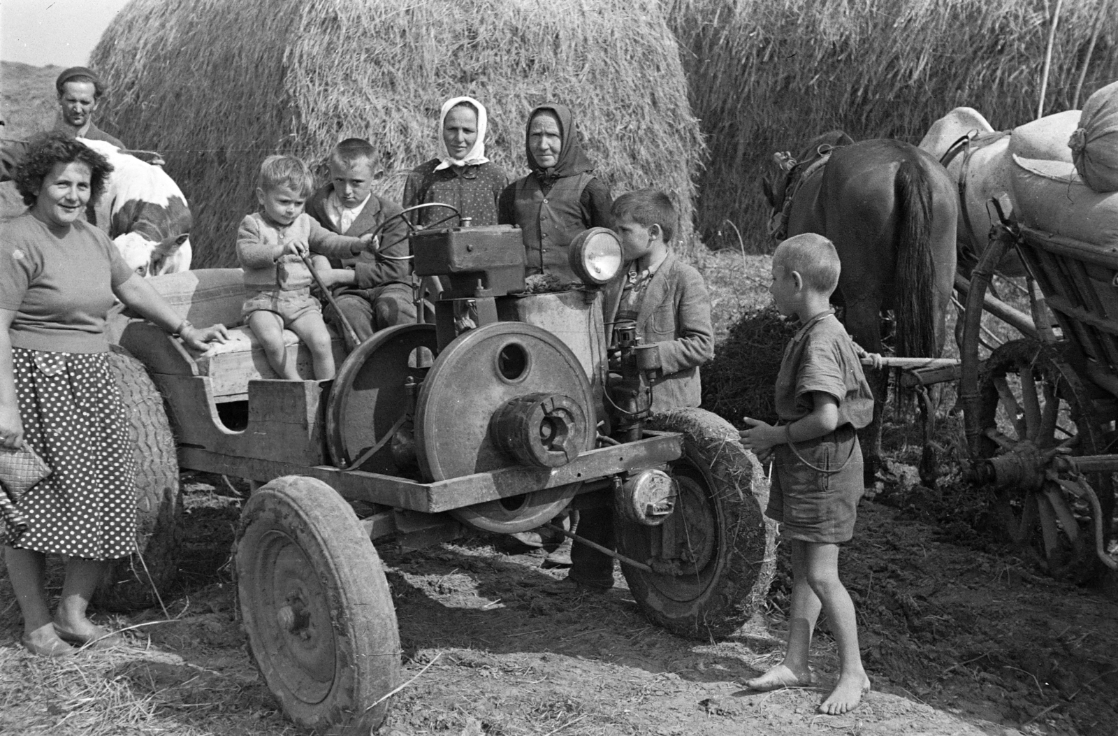 1958, Szolnoki Béla, home-made utility vehicle, kid, steering wheel, agricultural machine, Fortepan #211815