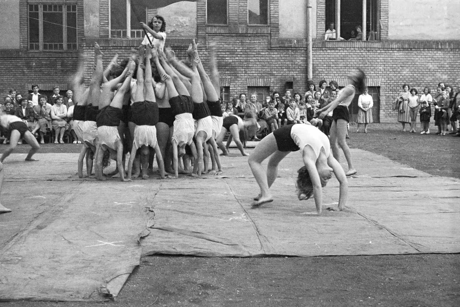 1959, Szolnoki Béla, exercise, peeking, feat, human pyramid, Fortepan #211860