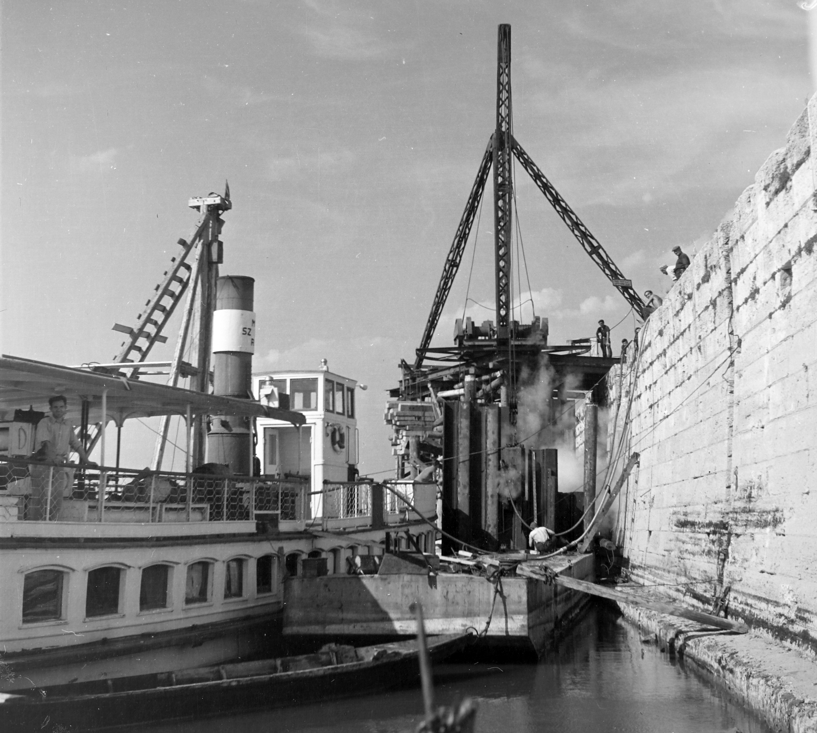 1954, UVATERV, civil engineering, crane, steamboat, Fortepan #211913