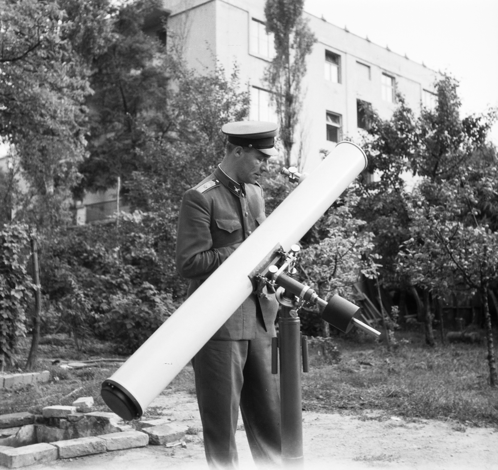 1958, Adelhardt Márta, uniform, peaked cap, astronomical telescope, Fortepan #212419