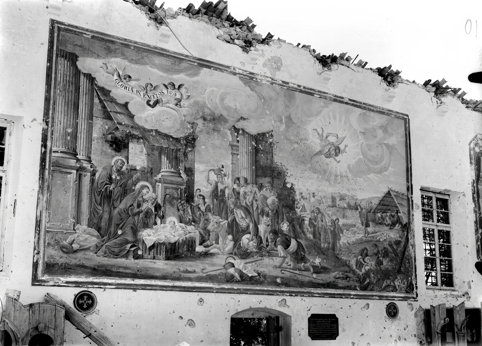 Slovenia, untitled, (ekkor Monte Santo), falfestmény a háborús események során erősen megrongálódott ferences kolostorban., 1916, Österreichische Nationalbibliothek, war damage, damaged building, fresco, church interior, Fortepan #212537