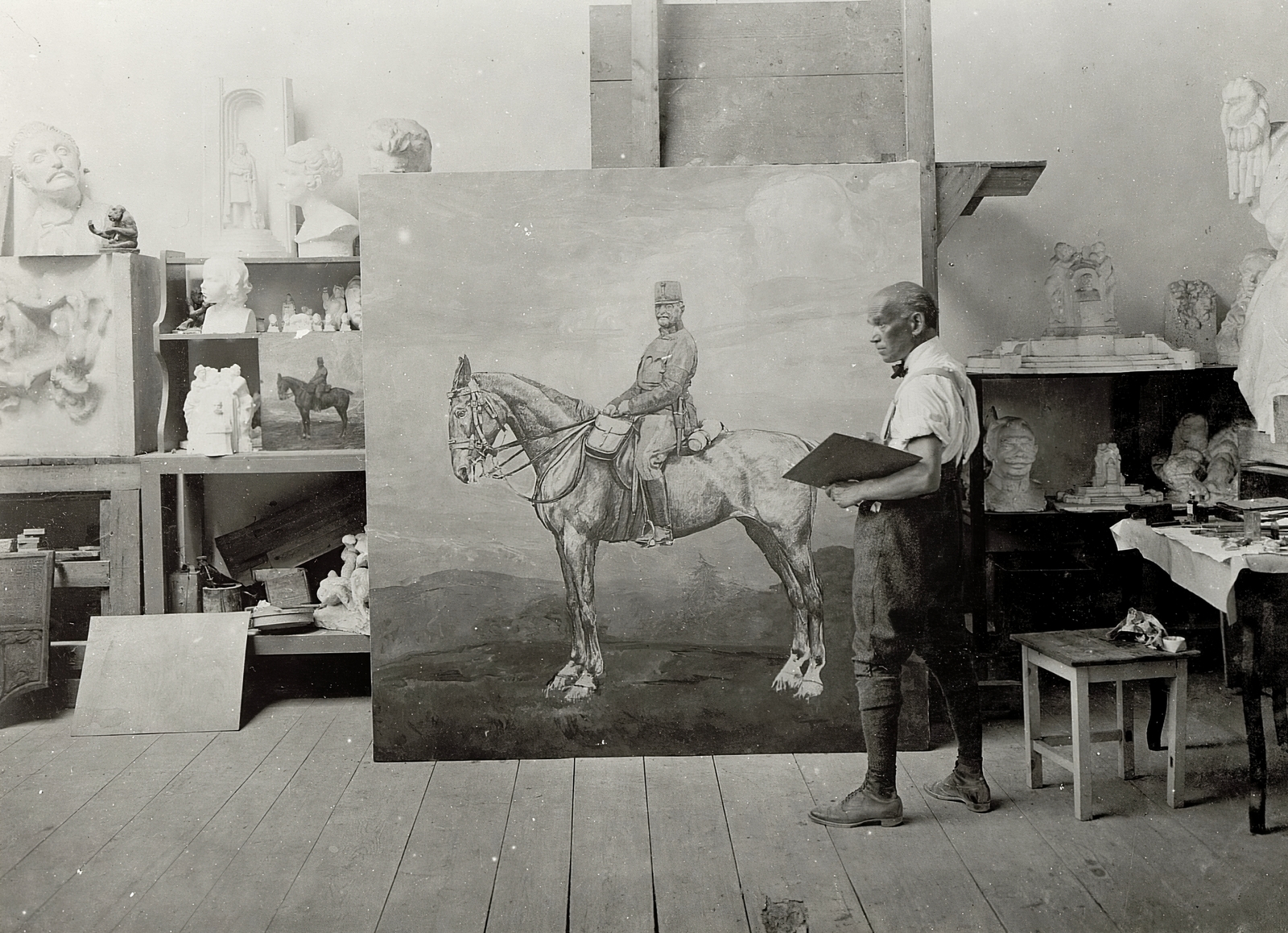 1915, Österreichische Nationalbibliothek, Best of, painter, painting, studio, palette, kitchen stool, bust, rider, Fortepan #212713