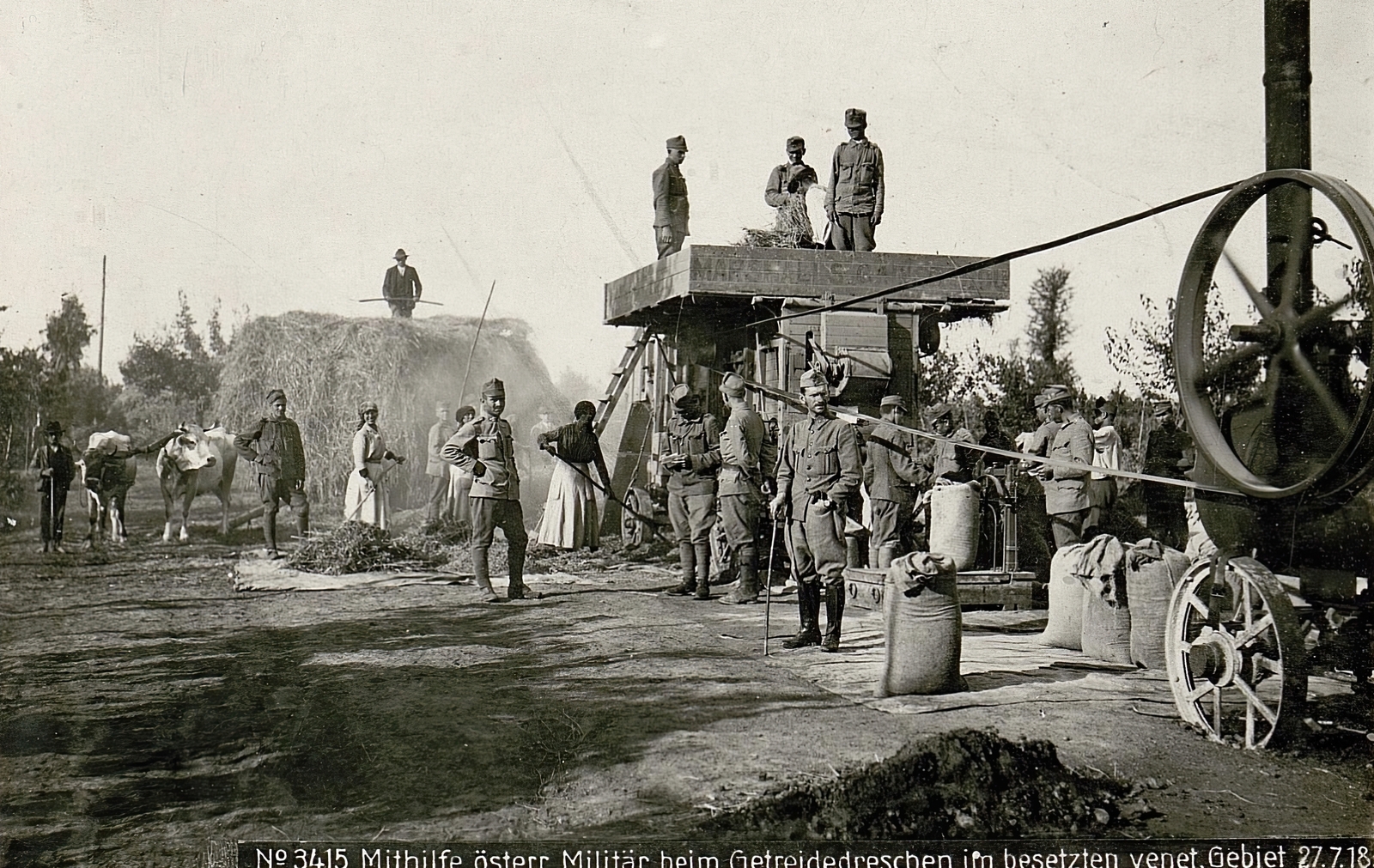 Olaszország, a Császári és Királyi Hadsereg katonái közreműködnek a gabonacséplésnél Veneto tartományban., 1918, Österreichische Nationalbibliothek, cséplőgép, cséplés, szíjhajtás, Fortepan #212878