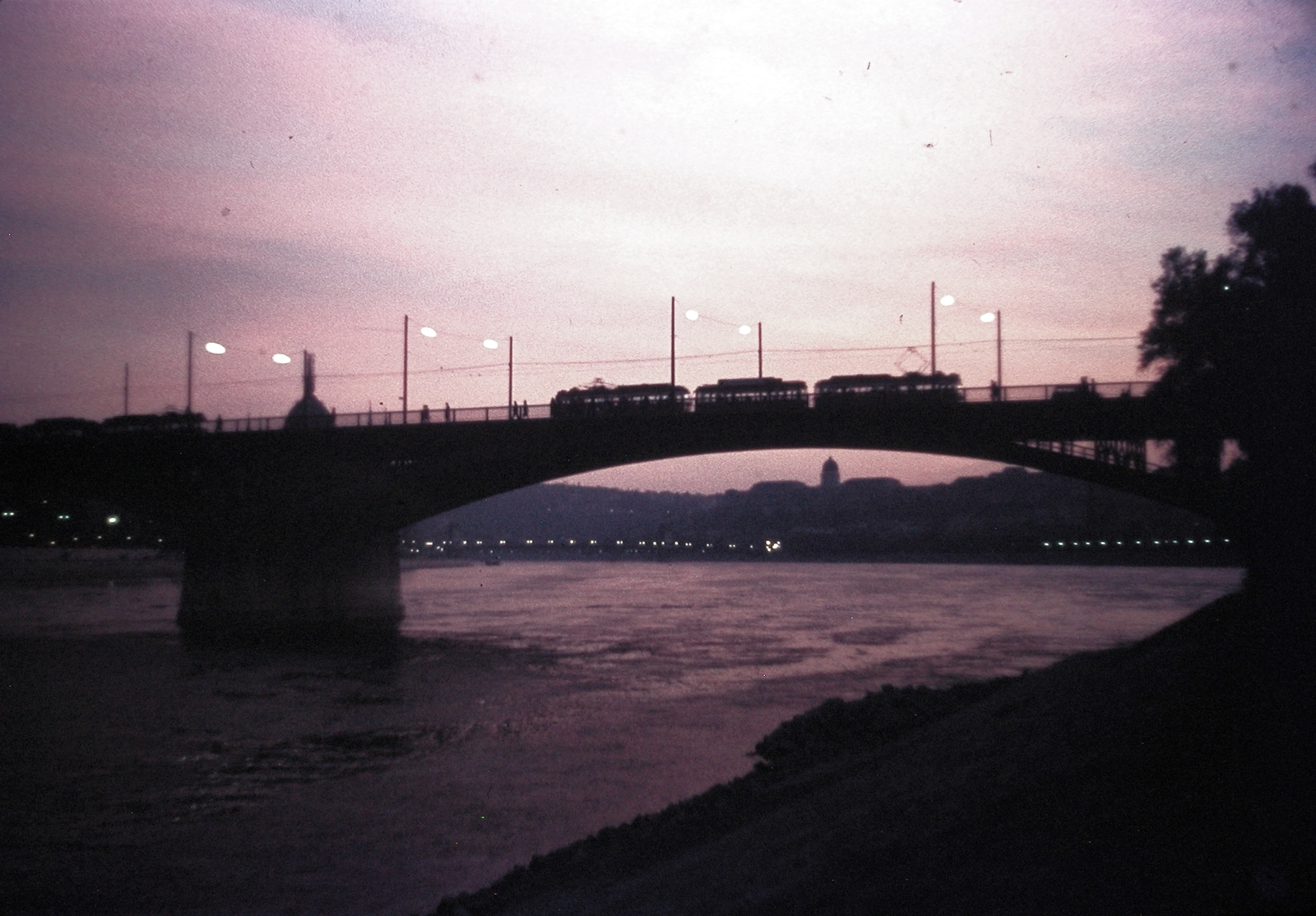 Magyarország, Budapest, Margit híd, háttérben a budai Vár a Margitsziget pesti oldaláról nézve., 1975, Fortepan, színes, híd, magyar gyártmány, villamos, látkép, Duna, Ganz-márka, Ganz UV, Duna-híd, Ernest Goüin-terv, Fortepan #21404