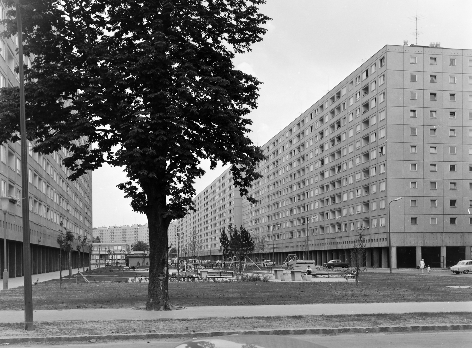 Hungary, Óbuda, Budapest III., Kiscelli utca, balra a Solymár utca 2-10. számú épület, jobbra a Szőlő utcai sávház (Faluház). Távolban a Vörösvári út házsora., 1972, FŐFOTÓ, concrete block of flats, Budapest, Fortepan #215491